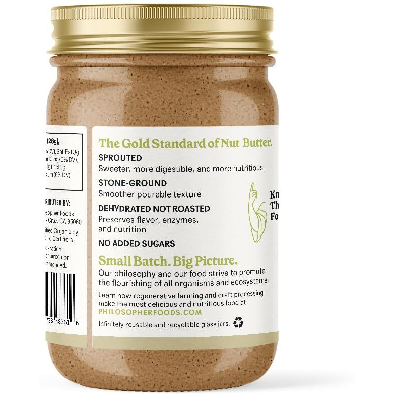 Philosopher Foods Creamy Alchemy Sprouted Almond Nut Butter, 16 Oz. - Silky Smooth Pourable Organic Butter, Natural Sweetness, Stone Ground Almonds, Keto Snack, Vegan Butter, Paleo & Small Batch