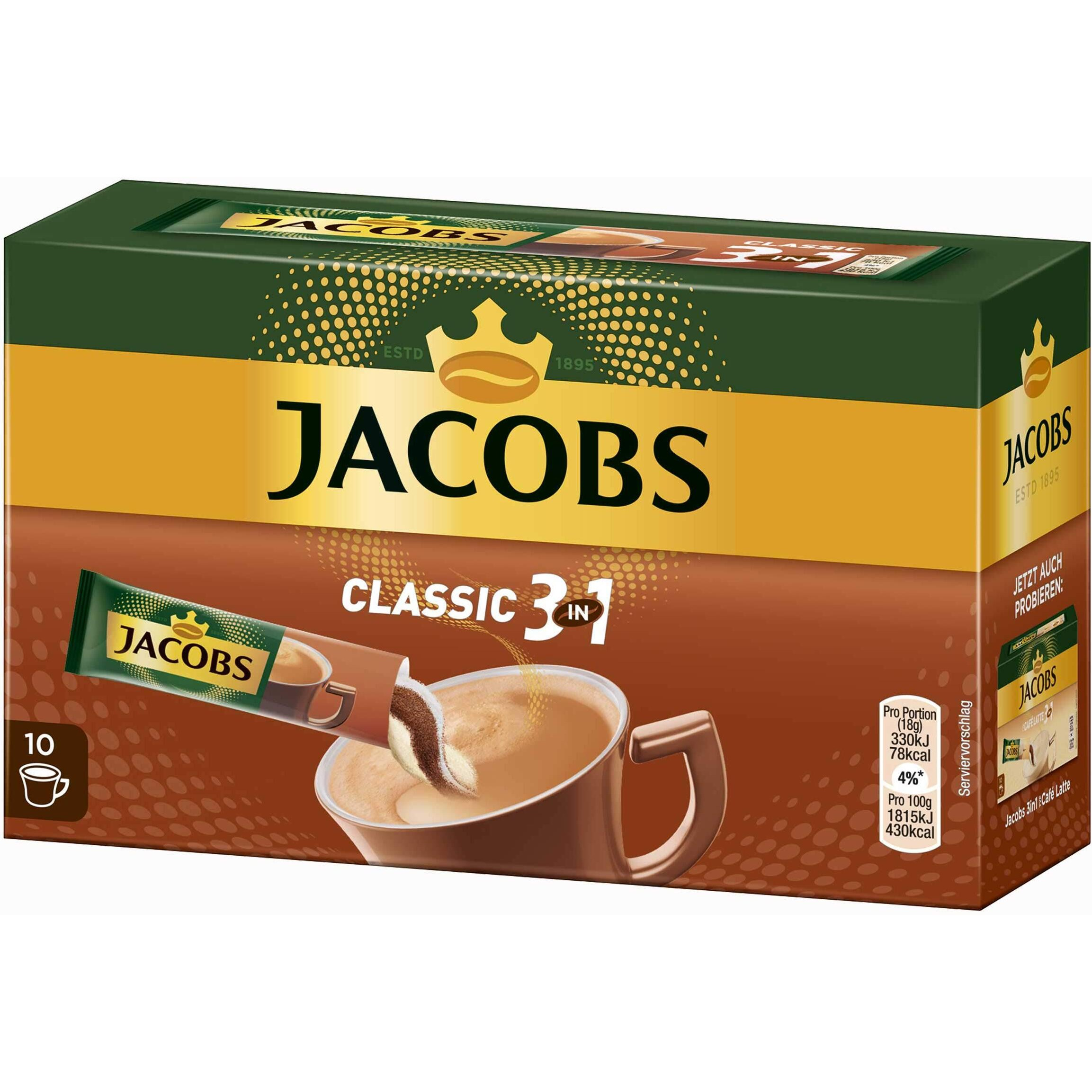 Jacobs 3In1 Classic Instant Coffee Sticks, 10 Single Servings (Pack Of 1)