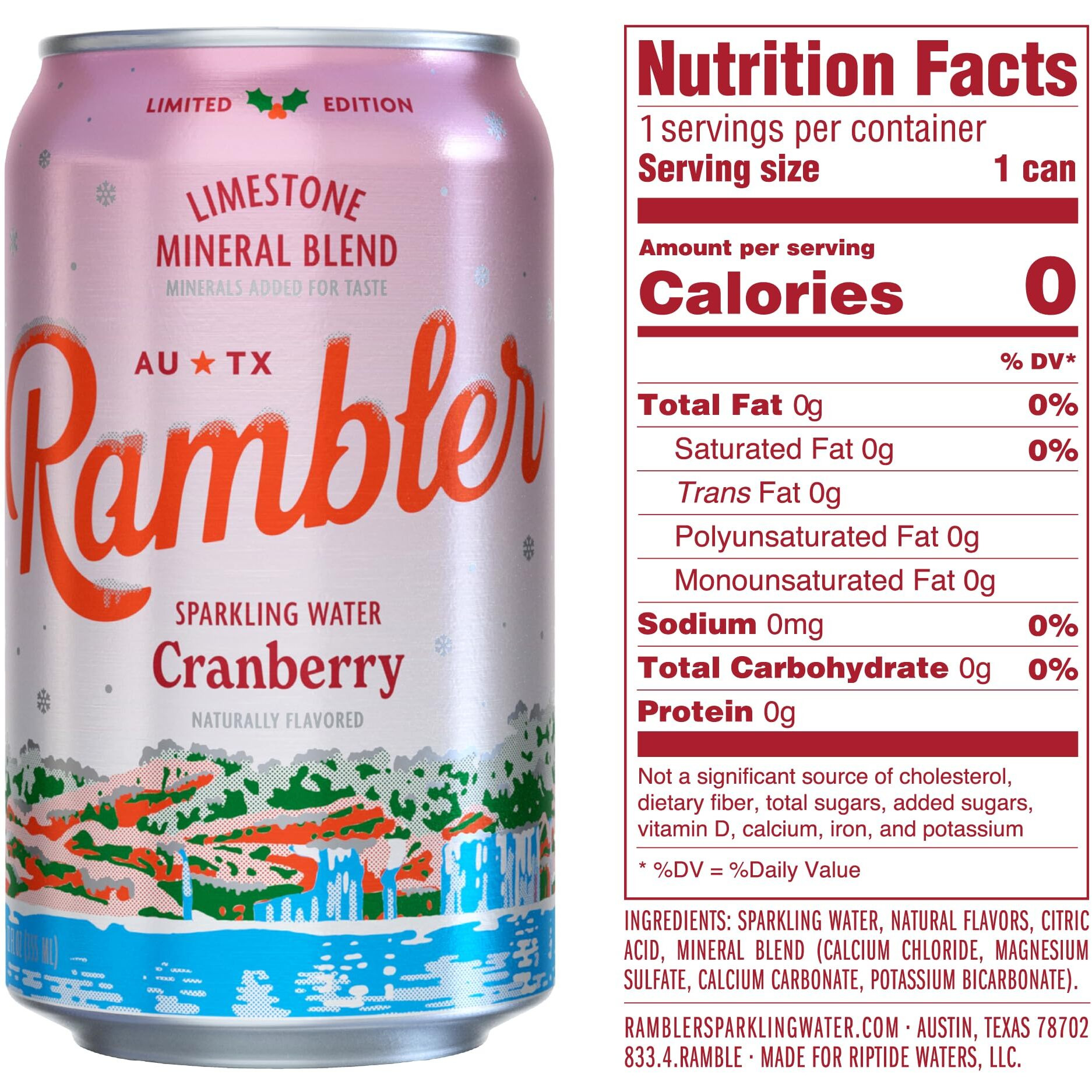 Autx Rambler Sparkling Water, Limestone Mineral Blend, Cranberry Flavor, Limited Edition, 12 Oz, Three 8-Packs (24 Cans)