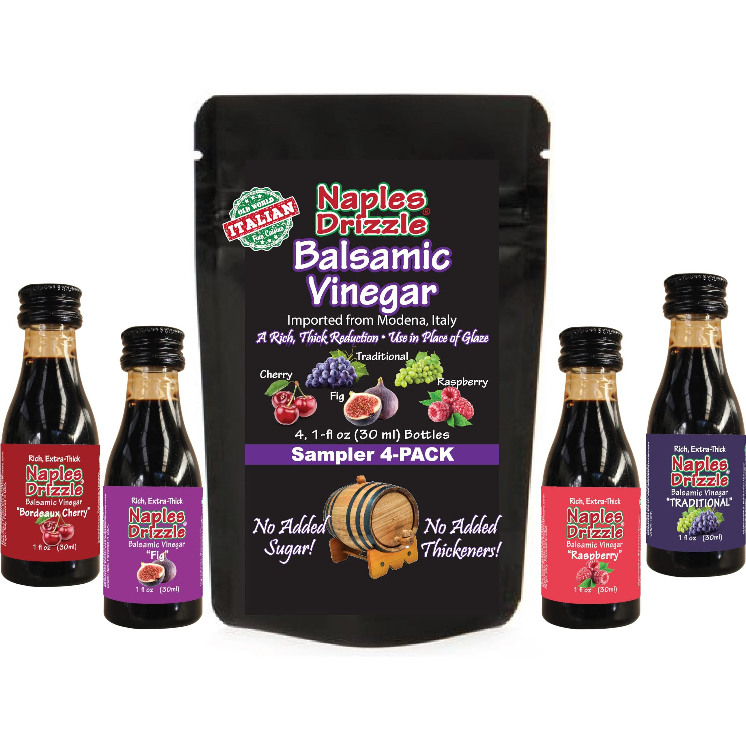 Naples Drizzle Barrel-Aged Balsamic Vinegar Of Modena -- Rich, Extra Thick, No Added Sugar Or Thickeners, Better-Than-Glaze Balsamic Drizzle (4-Pack -- 1Oz Mix Flavors). Tsa-Approved Travel & Picnic Size