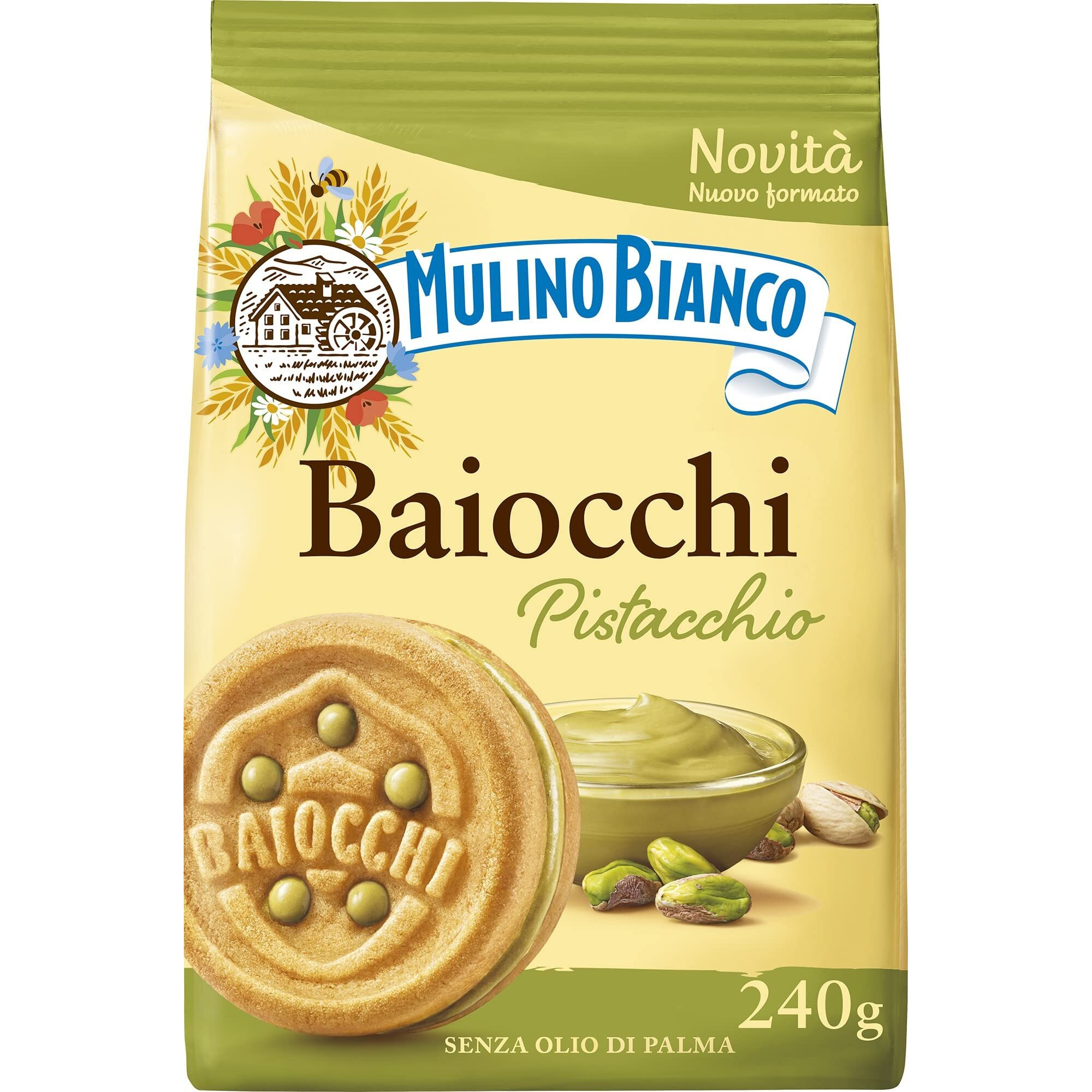 Mulino Bianco Biscotti Baiocchi Al Pistacchio, Biscotti Con Pistacchio E Pastafrolla Ideali Per Colazione O Merenda, Senza Olio Di Palma, 1 Sacchetto Da 240G