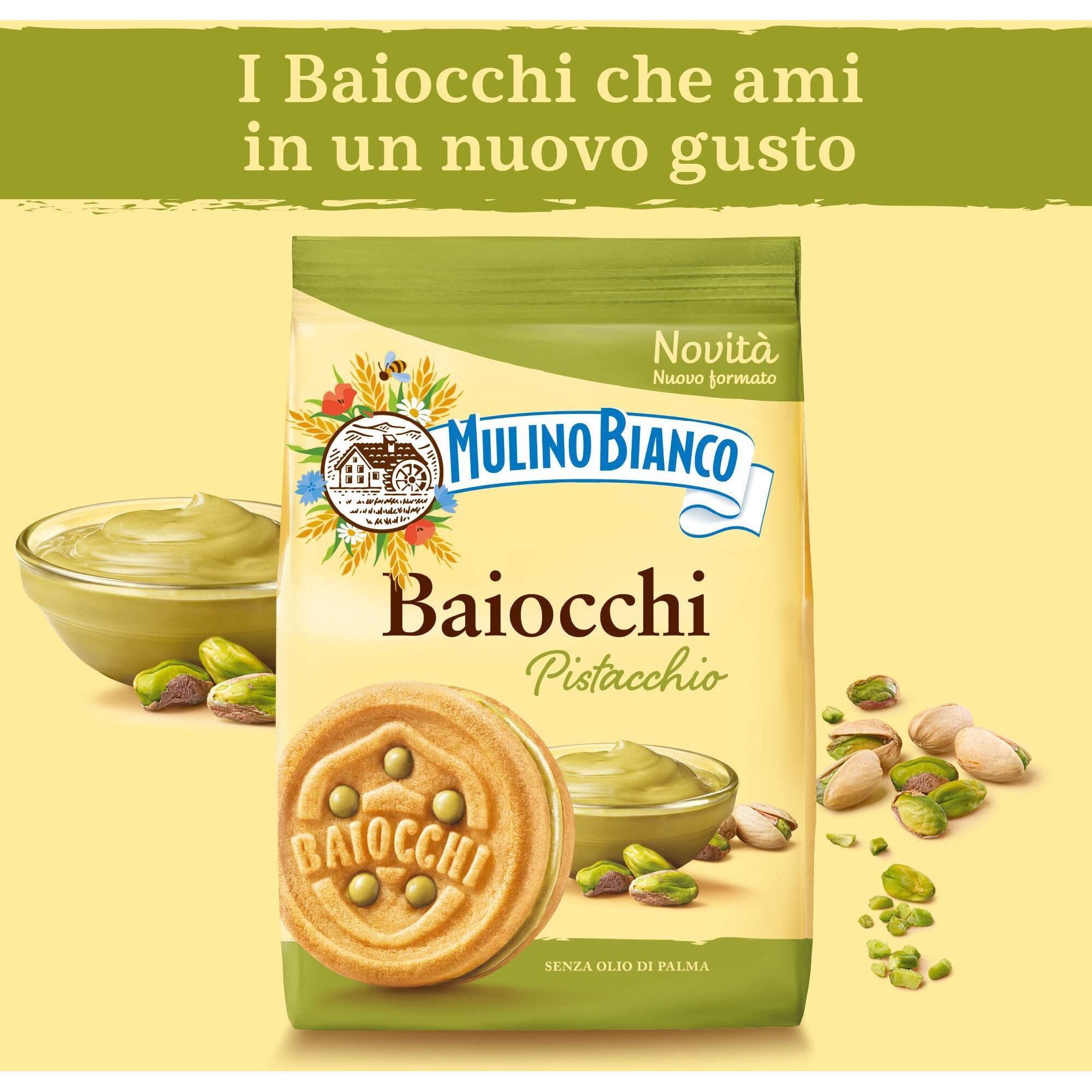 Mulino Bianco Biscotti Baiocchi Al Pistacchio, Biscotti Con Pistacchio E Pastafrolla Ideali Per Colazione O Merenda, Senza Olio Di Palma, 1 Sacchetto Da 240G