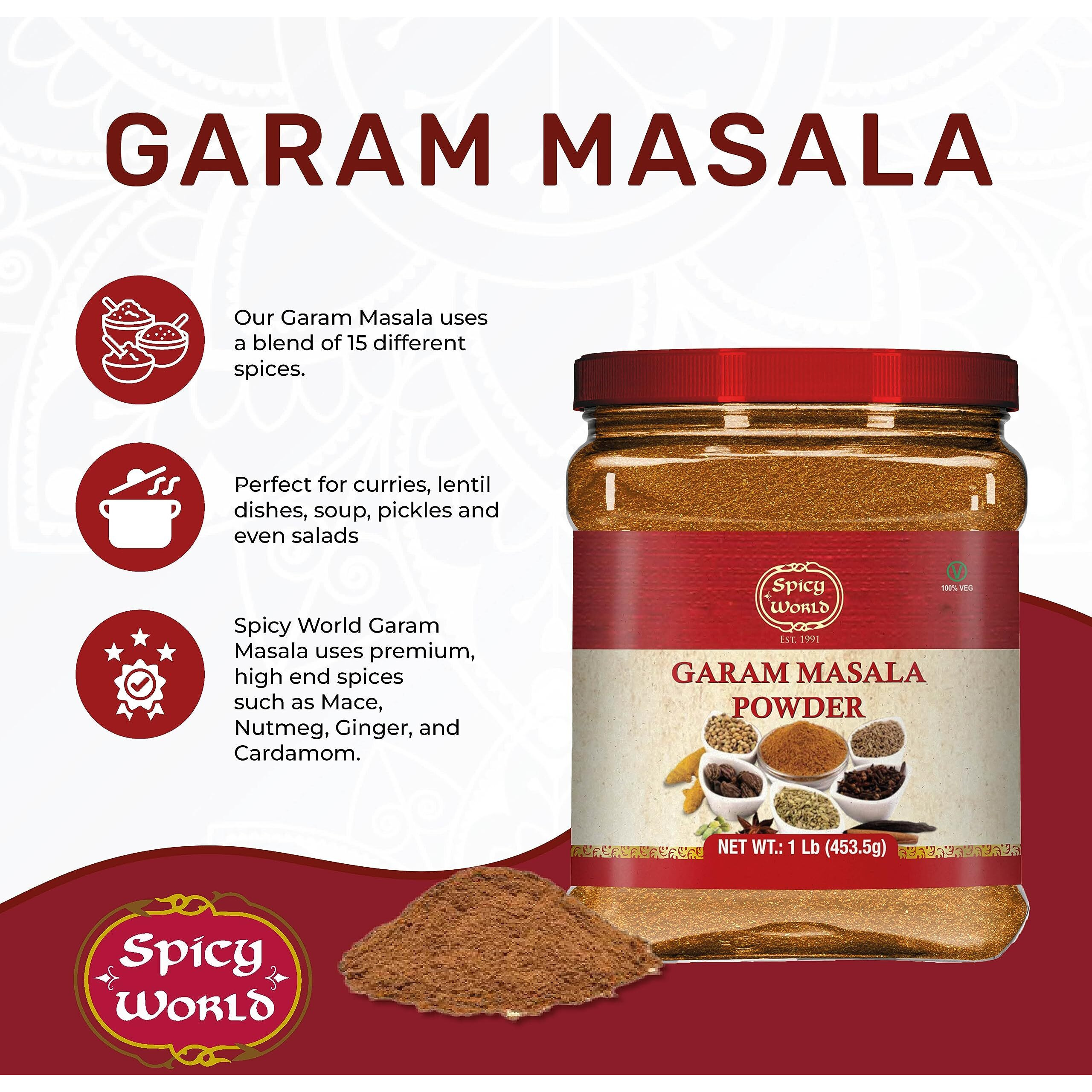 Spicy World Garam Masala Powder 1 Pound Bulk Jar - 16 Ounce - 15 Premium Indian Spice Blend, Salt Free