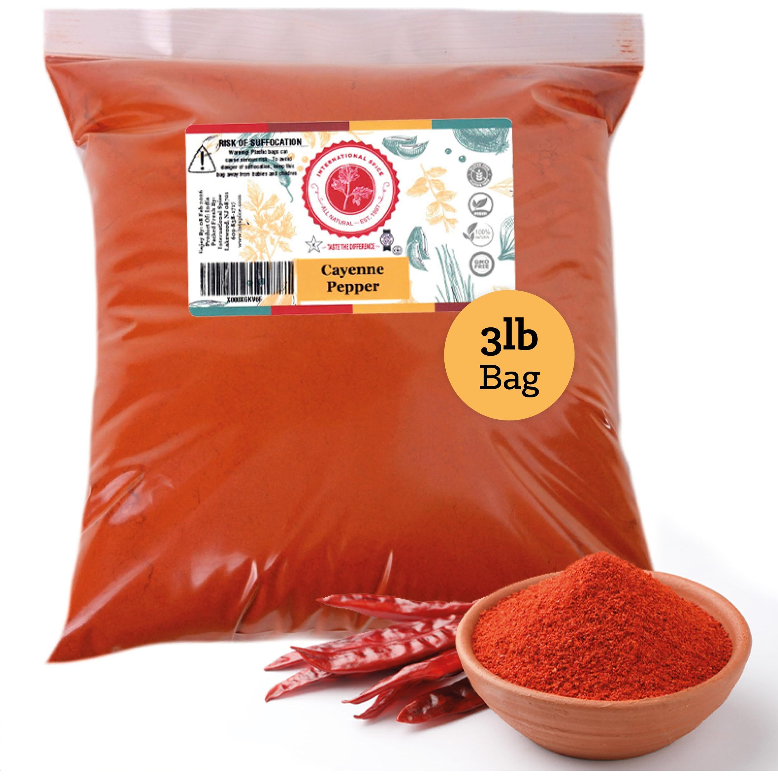 Cayenne Pepper By International Spice, Red Cayenne Pepper Seasoning Powder, Essential Gourmet Kitchen Spice, Bulk, 3 Lb. Bag