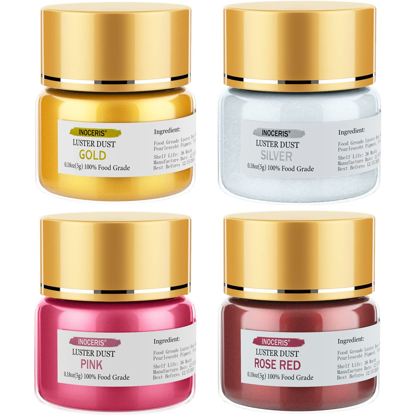 Inoceris Luster Dust Edible, Food Grade Cake Dust Shimmer Powdered Flavorless Metallic Luster Dust Christmas Food Coloring Powder For Baking Decorating, Fondant, Chocolate, Candy, Drinks More & Painting (Luster Dust Set)