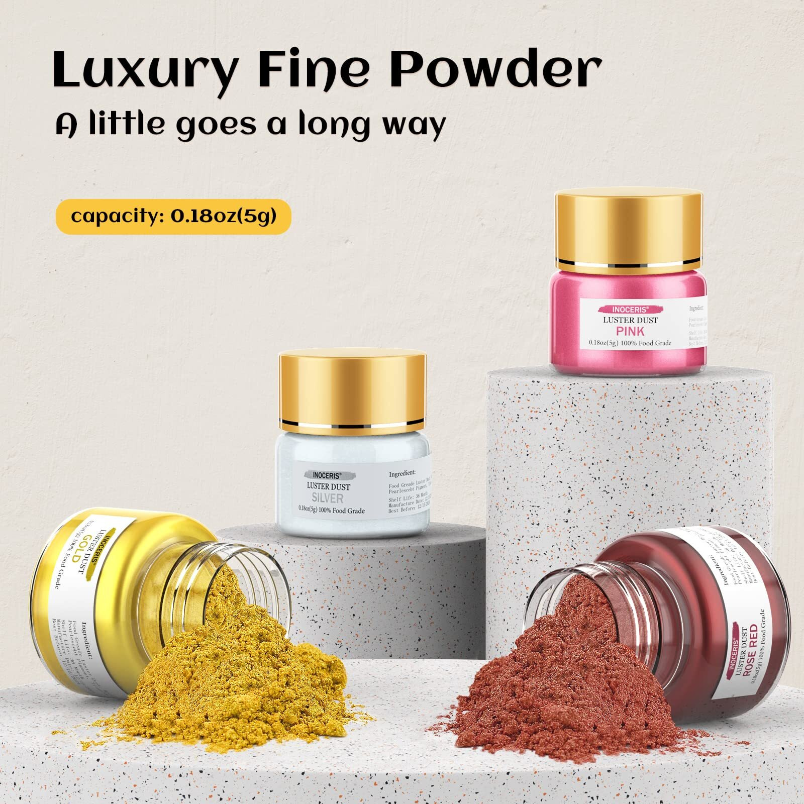 Inoceris Luster Dust Edible, Food Grade Cake Dust Shimmer Powdered Flavorless Metallic Luster Dust Christmas Food Coloring Powder For Baking Decorating, Fondant, Chocolate, Candy, Drinks More & Painting (Luster Dust Set)