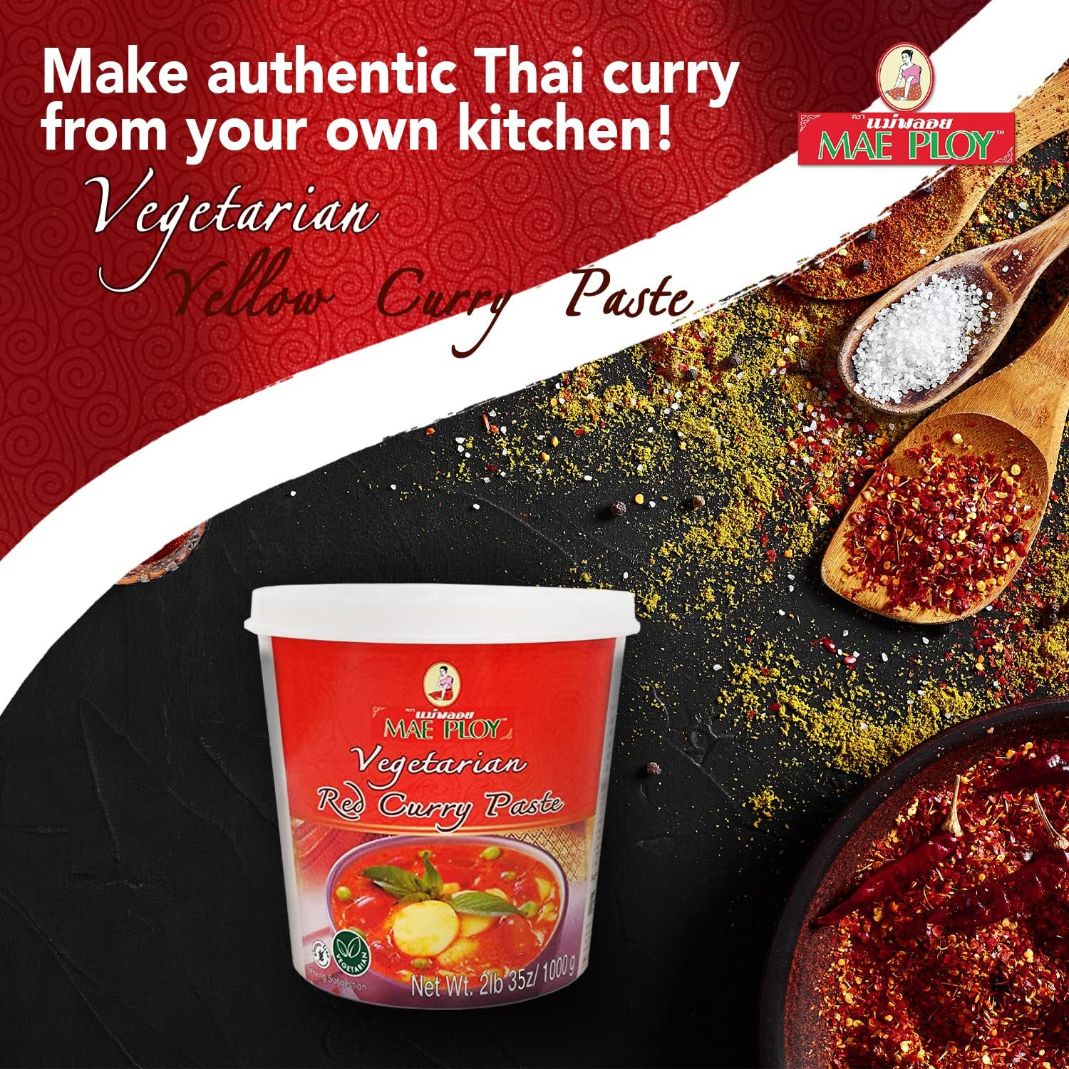 Mae Ploy Vegetarian Red Curry Paste With Authentic Thai Spices Like Shallots, Chili, Lemongrass, Galangal, Kaffir Lime, Garlic, No Msg, Preservatives Or Artificial Coloring (35 Oz Tub)