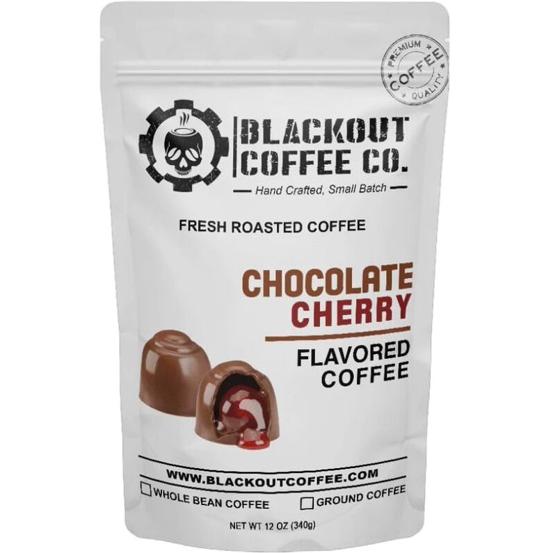 Blackout Coffee Chocolate Cherry Flavored Ground Coffee, Medium Roast - Ground Coffee, Fresh Roasted In The Usa,12 Oz Pouch