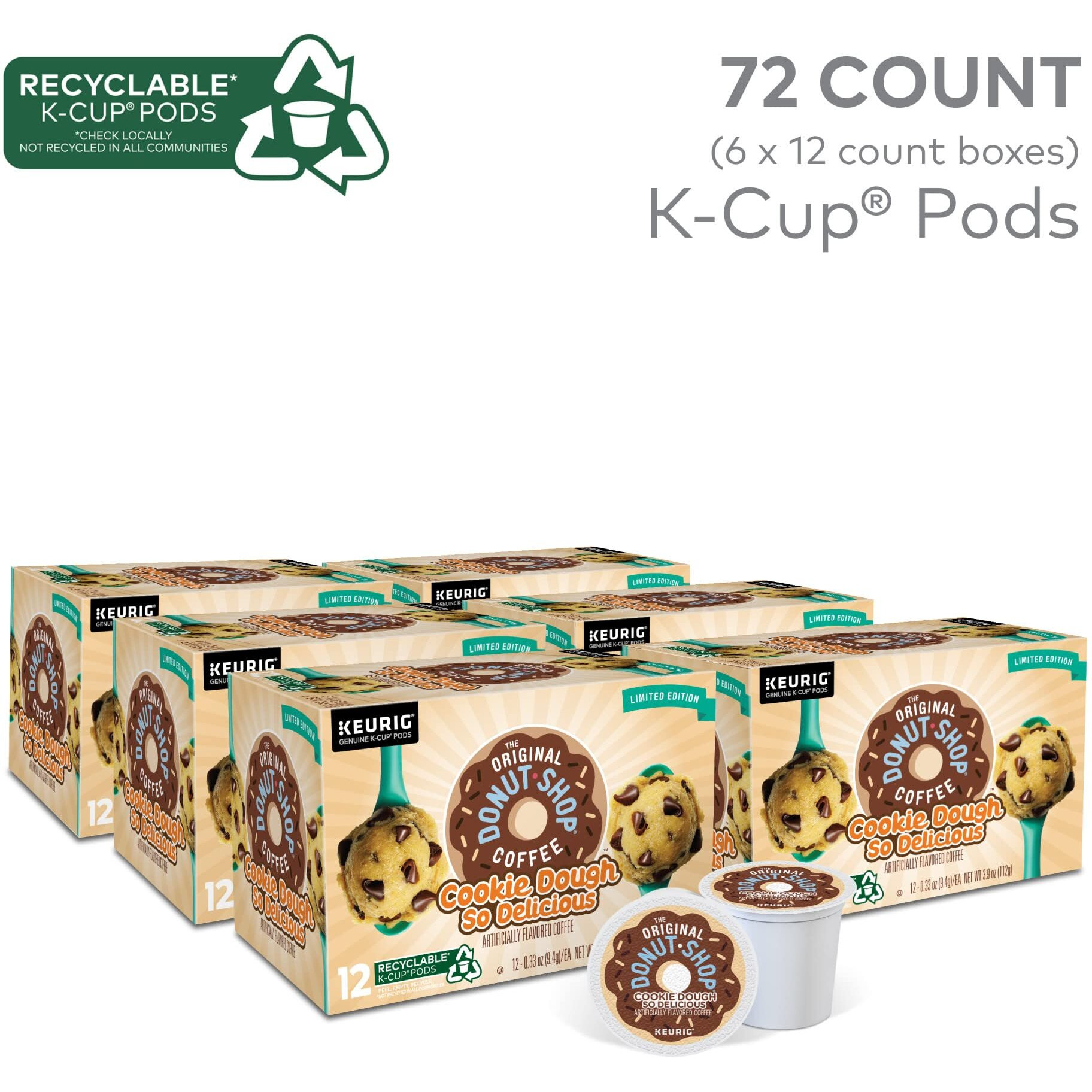 The Original Donut Shop Cookie Dough So Delicious, Keurig Single Serve K-Cup Pods, Flavored Coffee, 72 Count (6 Packs Of 12)