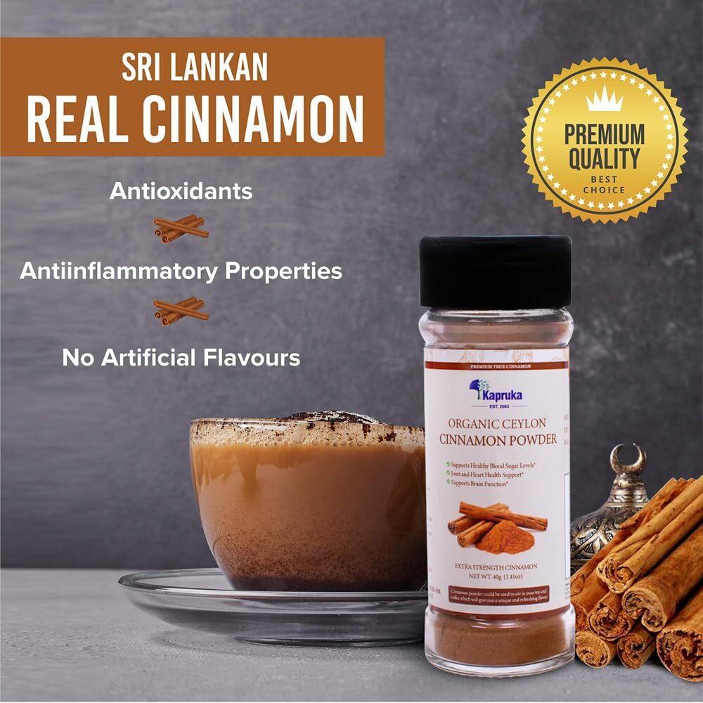 Sri Lankan Premium Quality 100% Pure Organic Ground Ceylon Cinnamon Powder In Glass Jar With Plastic Shaker/Sprinkle Bottle. | 1.41 Oz