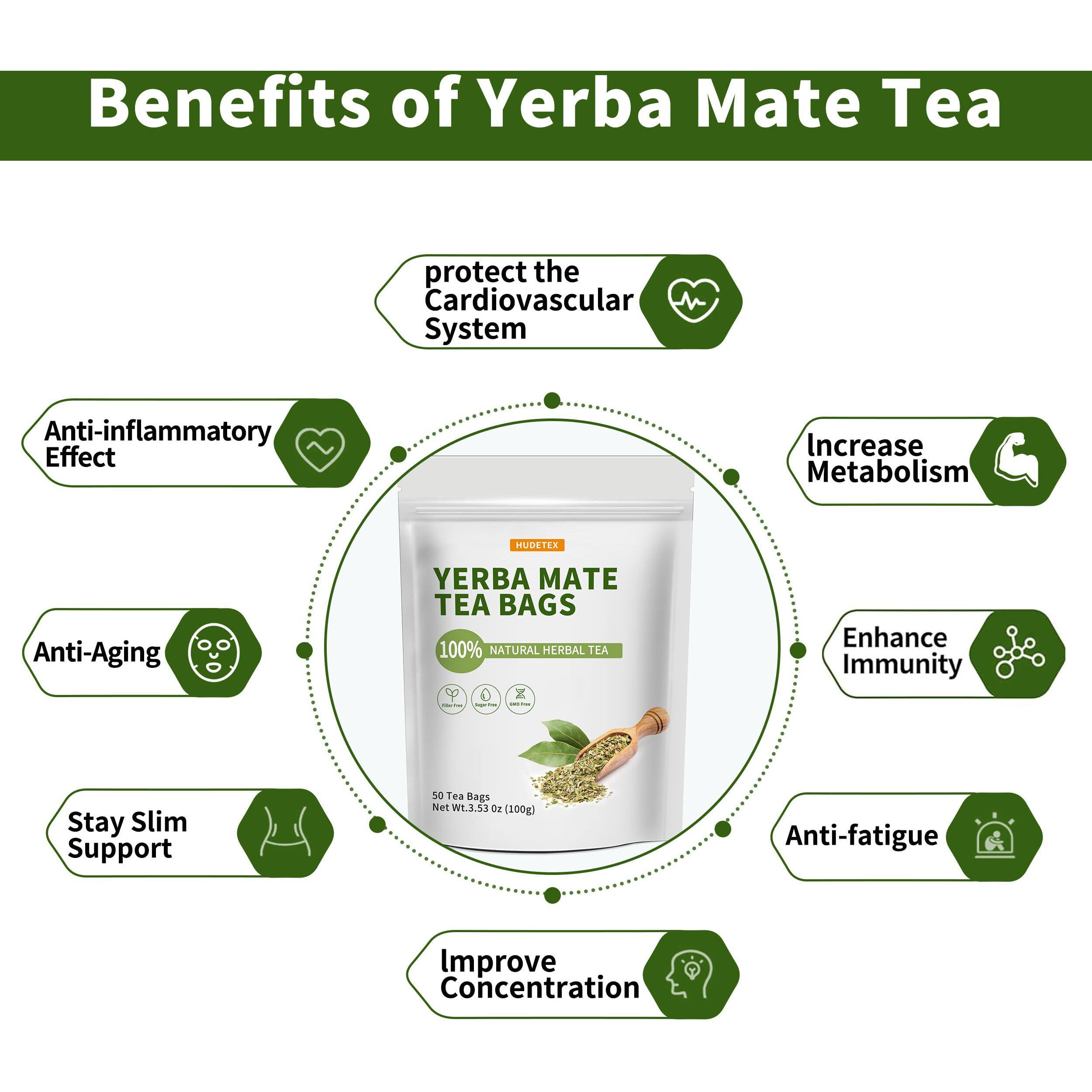 Yerba Mate Tea Bags With 50 Count - Supports Cardiovascular & Digestive Systems, Keep Youth.