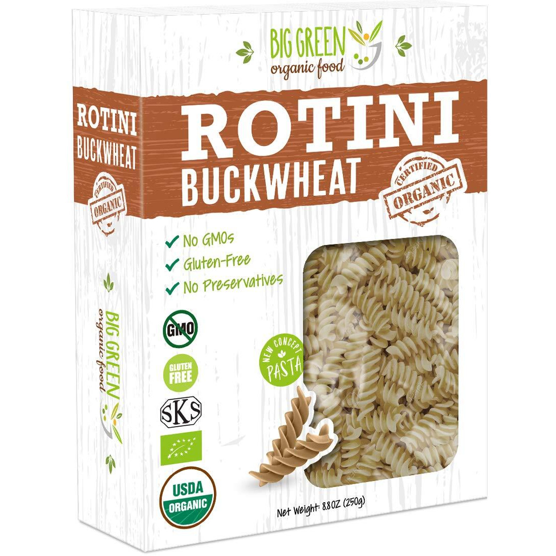 Big Green Organic Food- Organic Buckwheat Rotini, 8.8Oz, 100% Buckwheat, Gluten-Free, Non-Gmo, Vegan (3)