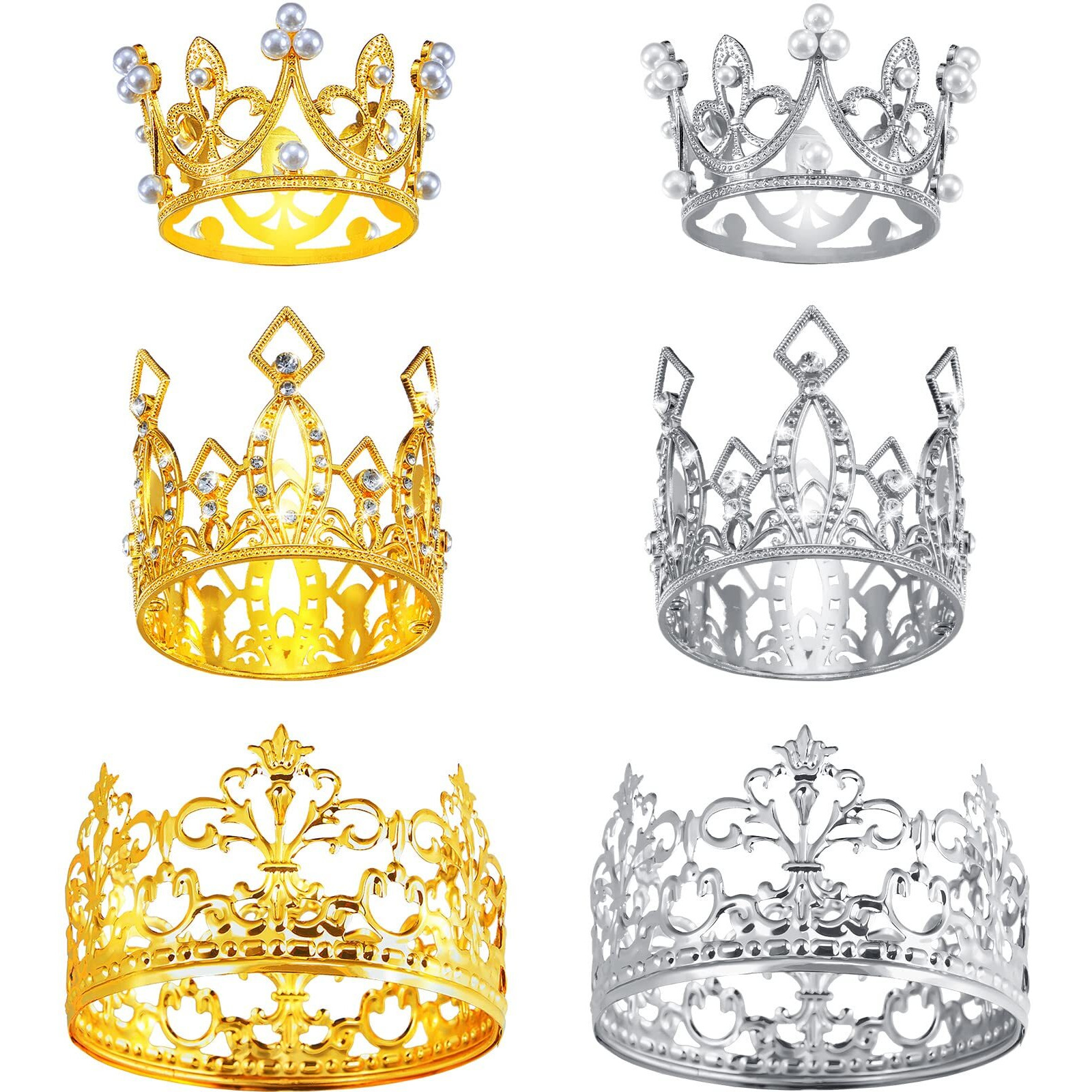 Moxweyeni 6 Pieces Silver Gold Rose Crown Cake Topper Mini Crown Cake Topper For Flower Bouquet Rhinestone Tiara Crown Cake Topper Faux Pearl For Birthday Wedding Princess Party Decor(Silver, Gold)