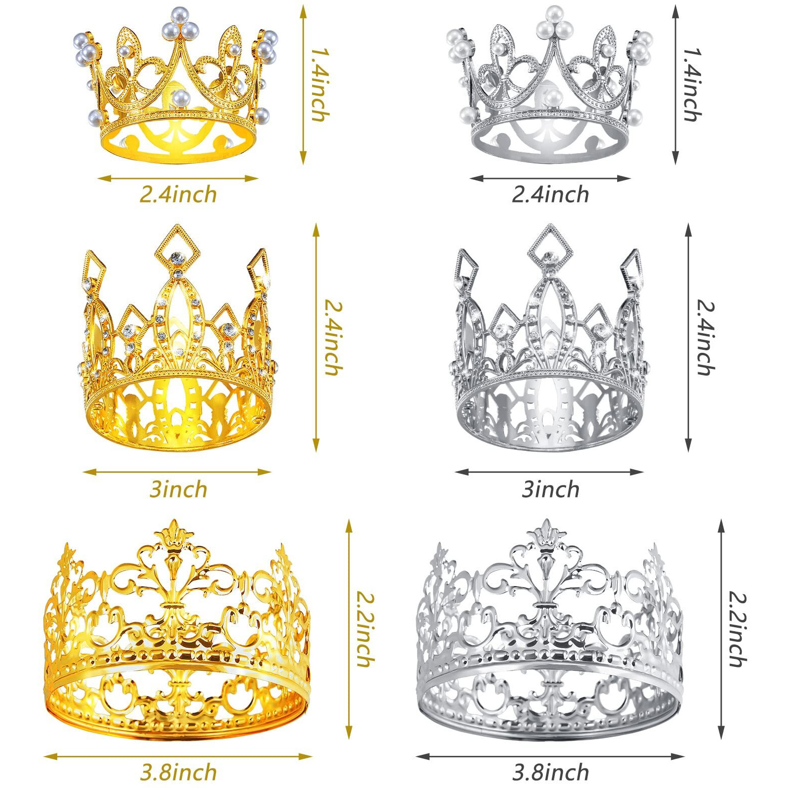 Moxweyeni 6 Pieces Silver Gold Rose Crown Cake Topper Mini Crown Cake Topper For Flower Bouquet Rhinestone Tiara Crown Cake Topper Faux Pearl For Birthday Wedding Princess Party Decor(Silver, Gold)