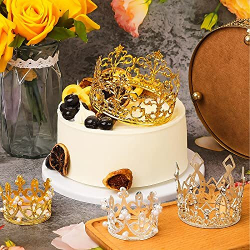 Moxweyeni 6 Pieces Silver Gold Rose Crown Cake Topper Mini Crown Cake Topper For Flower Bouquet Rhinestone Tiara Crown Cake Topper Faux Pearl For Birthday Wedding Princess Party Decor(Silver, Gold)