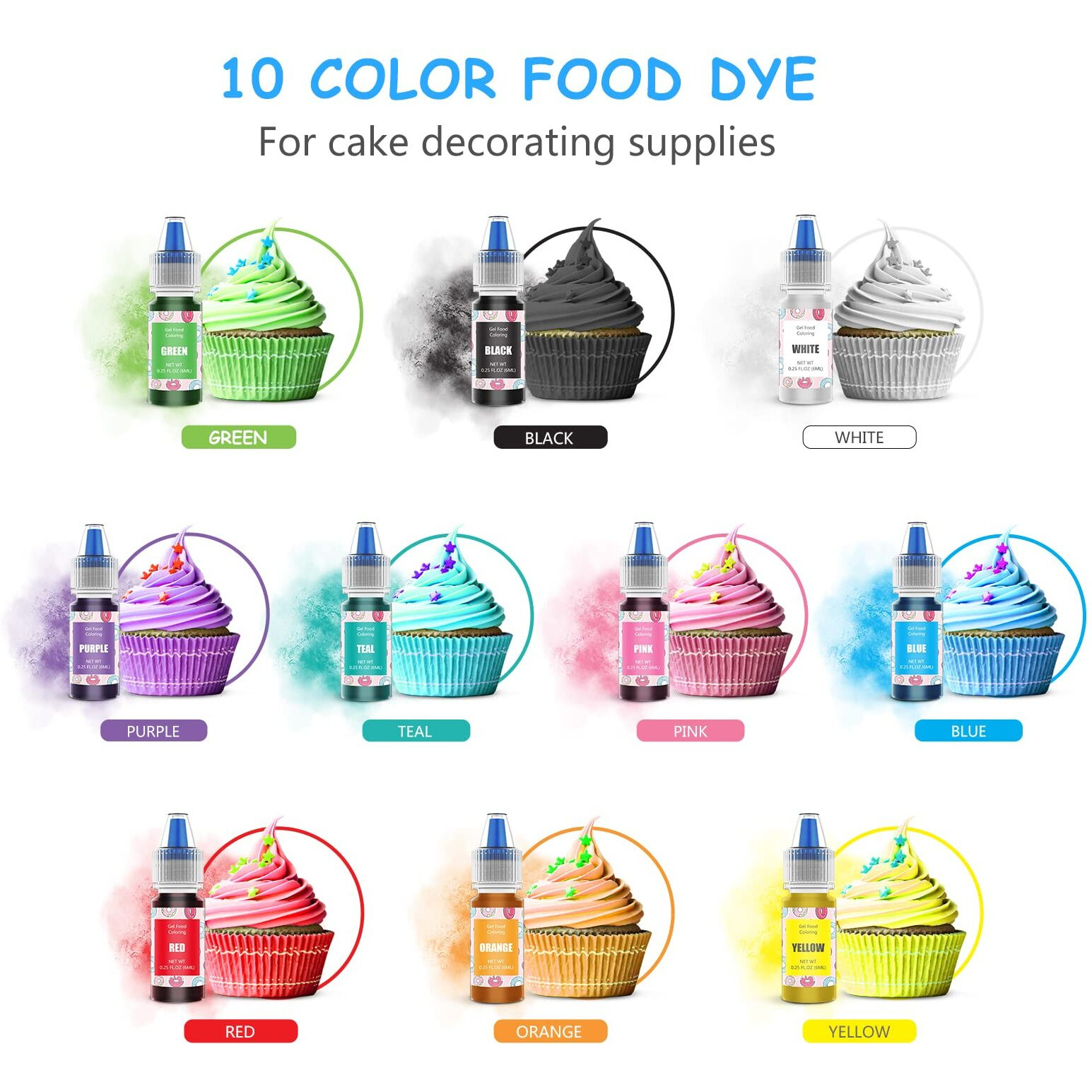 Food Coloring Gel Cake Decorating Set - Jelife 10 Colors Gel Based Edible Food Color Easter Egg Dye Kit Concentrated Neon Icing Colors For Kids Baking Macaron Frosting Fondant Cookie (6Ml/Bottles)