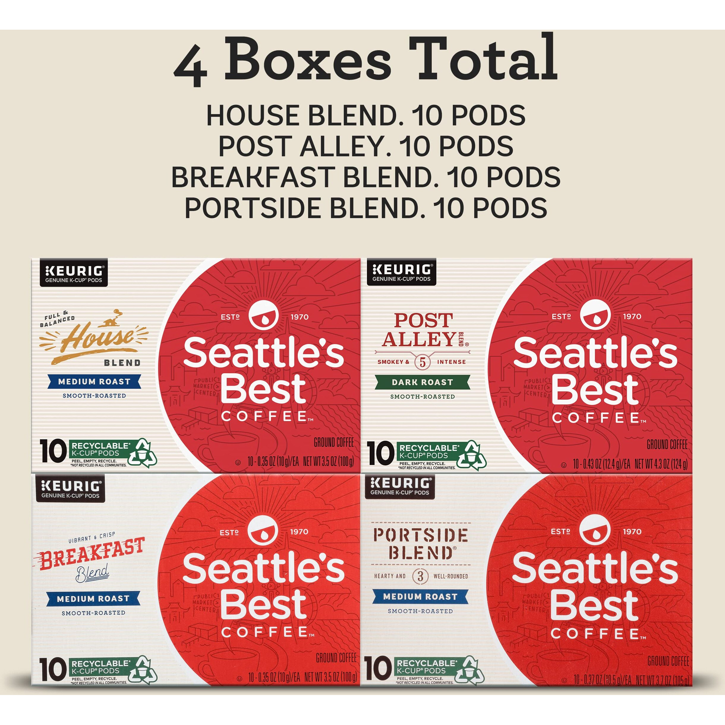 Seattle's Best Coffee K-Cup Coffee Pods Variety Pack, Dark Roast And Medium Roast Coffee For Keurig Brewers, 100% Arabica, 4 Boxes (40 Pods Total)
