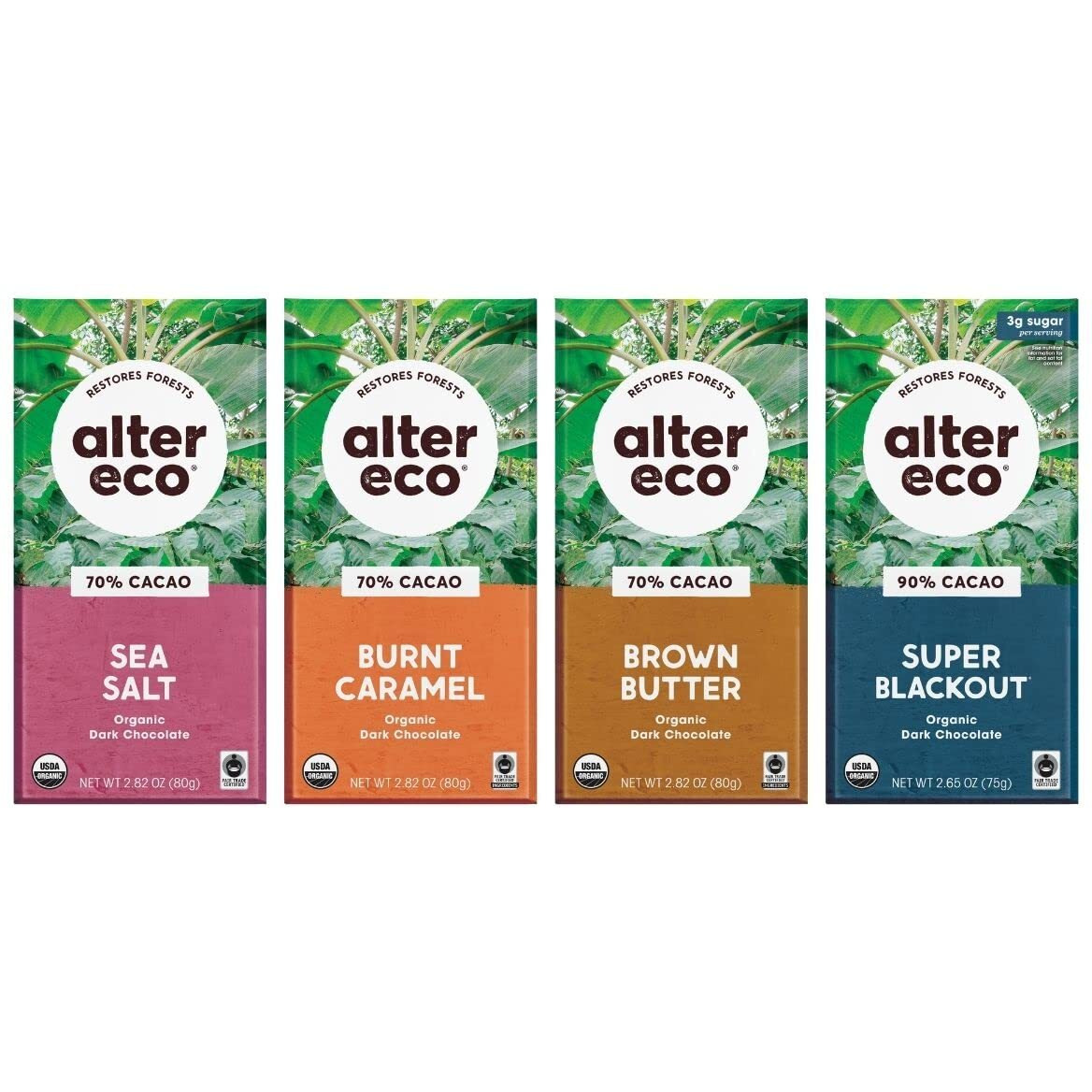 Alter Eco | Dark Chocolate Variety 4-Pack | Super Blackout, Sea Salt, Brown Butter And Burnt Caramel | Fair Trade, Organic, Non-Gmo, Gluten Free | 4 Flavors, 1 Of Each Bar