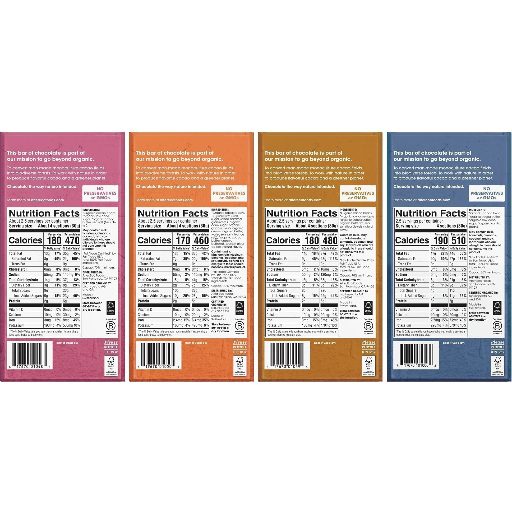 Alter Eco | Dark Chocolate Variety 4-Pack | Super Blackout, Sea Salt, Brown Butter And Burnt Caramel | Fair Trade, Organic, Non-Gmo, Gluten Free | 4 Flavors, 1 Of Each Bar