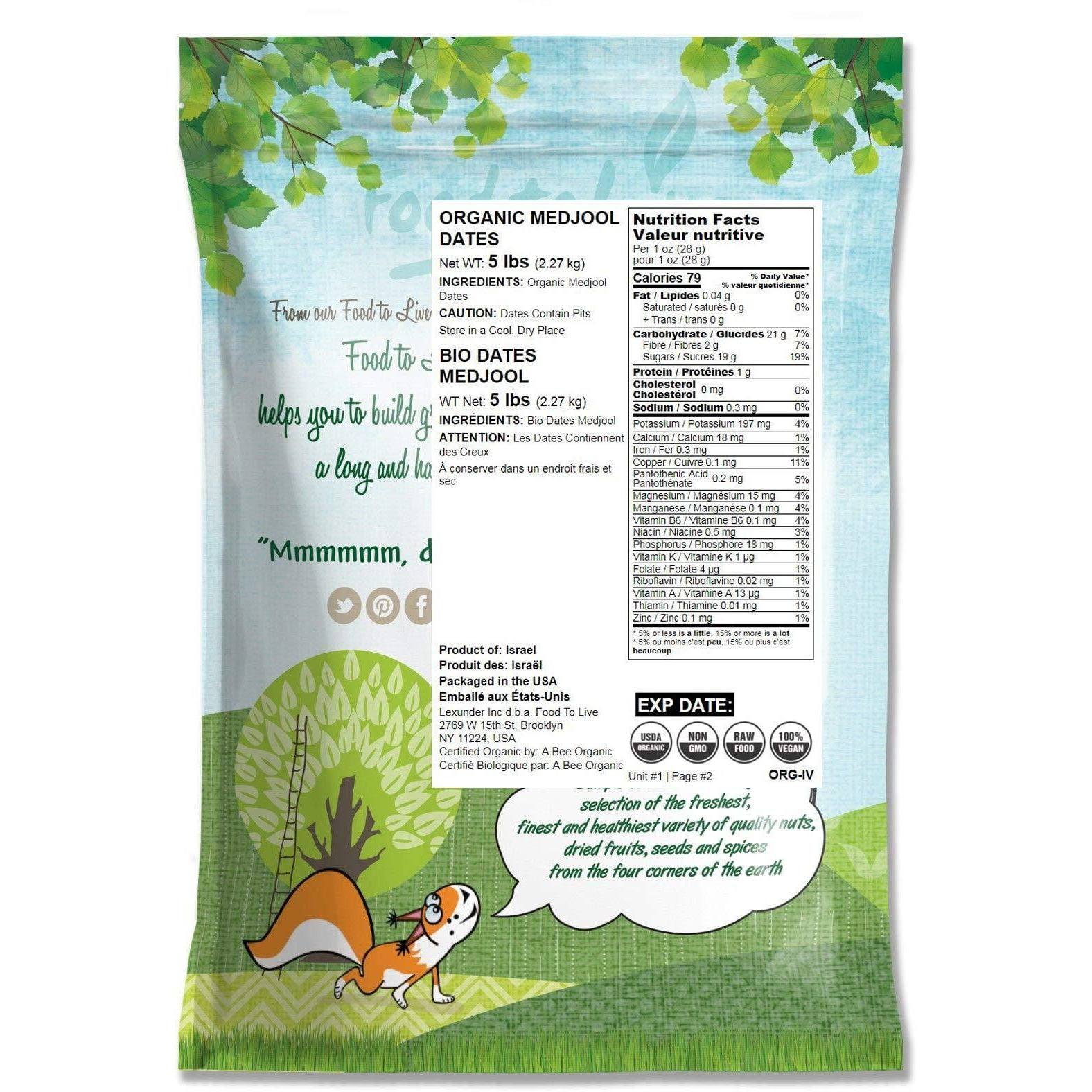 Food To Live - Organic Medjool Dates, 5 Pounds Non-Gmo, Whole Dried Dated With Pits, Large Size, Unsweetened, Unsulphured, Vegan, Sirtfood, Bulk.