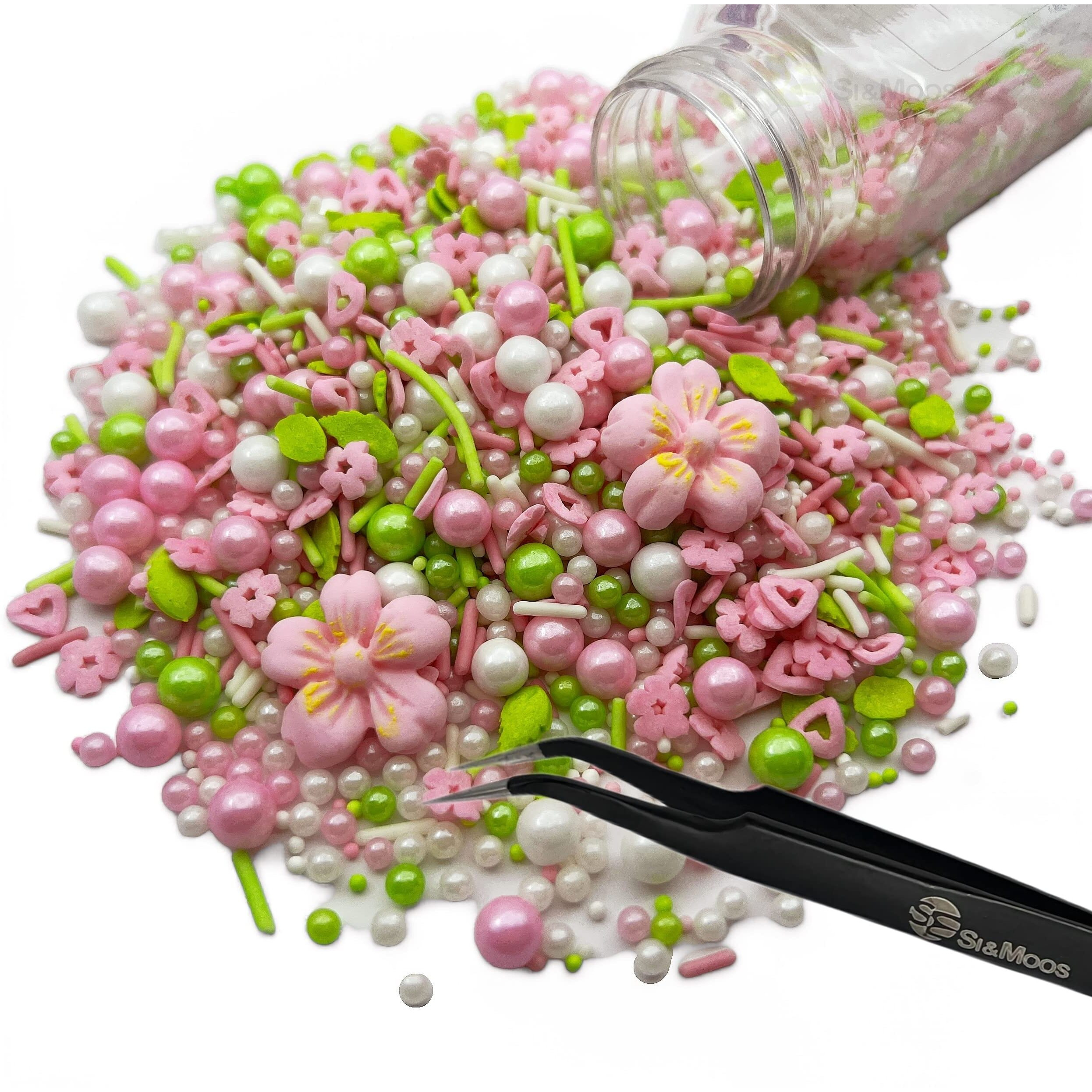 Pink Flowers Sprinkles | Edible Flowers For Cake Decorating | White Sugar Pearls | Pink Sugar Pearls | Green Sugar Pearls | Spring Sprinkles | Pastel Sprinkles 3.5 Oz With Tweezers