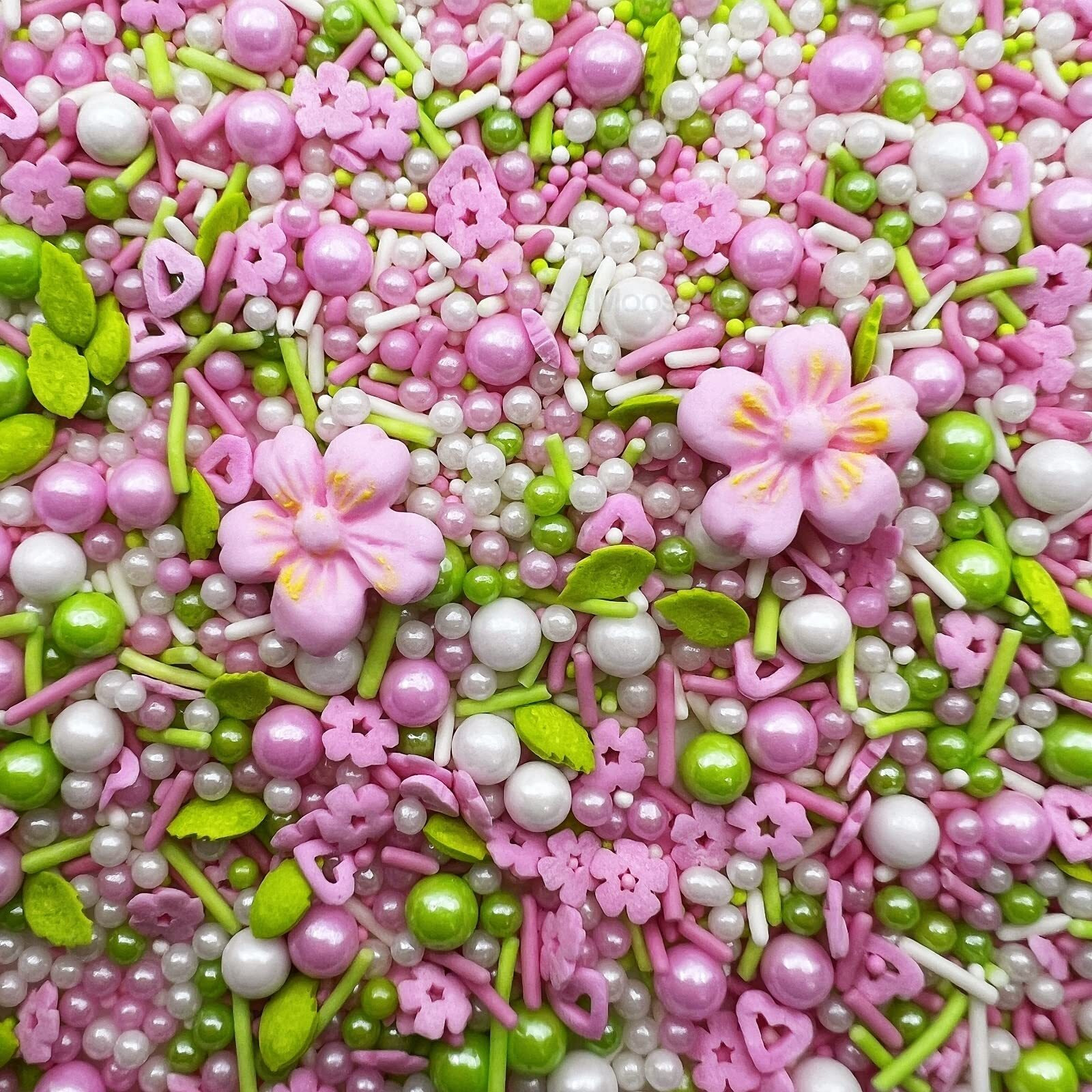 Pink Flowers Sprinkles | Edible Flowers For Cake Decorating | White Sugar Pearls | Pink Sugar Pearls | Green Sugar Pearls | Spring Sprinkles | Pastel Sprinkles 3.5 Oz With Tweezers