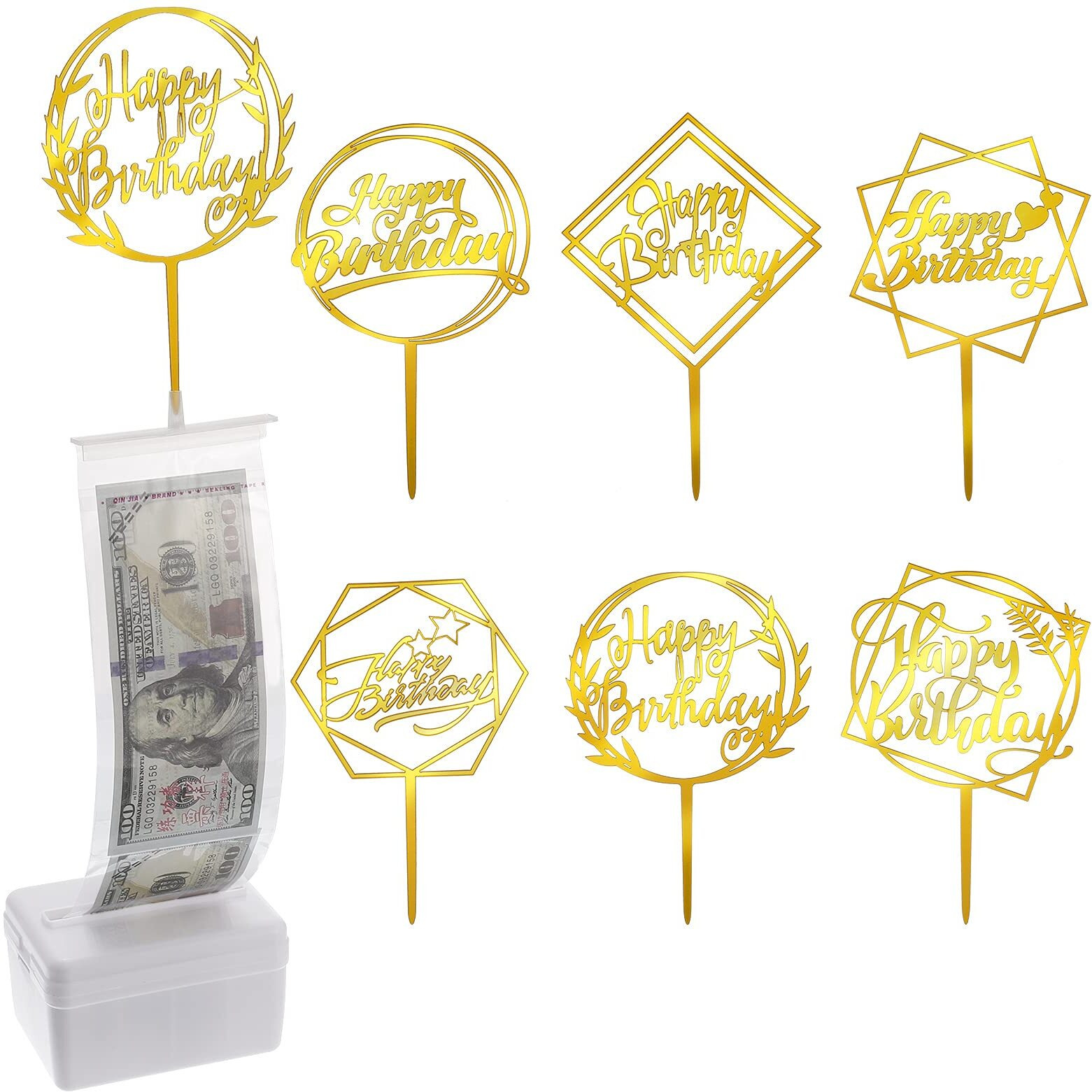 Joeleli 107 Pieces Cake Money Box Kit, 6 Pieces Happy Birthday Cake Topper,100 Pieces Clear Bags Connected Pockets, Cake Money Pull Out Kit For Birthday Party Gift, Cake Decoration(Gold)