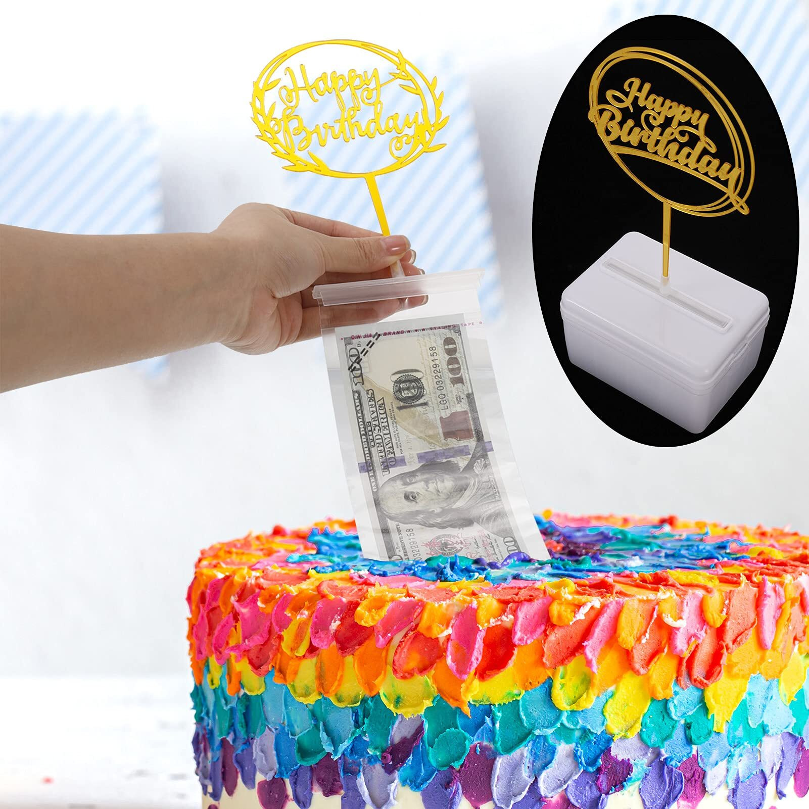 Joeleli 107 Pieces Cake Money Box Kit, 6 Pieces Happy Birthday Cake Topper,100 Pieces Clear Bags Connected Pockets, Cake Money Pull Out Kit For Birthday Party Gift, Cake Decoration(Gold)