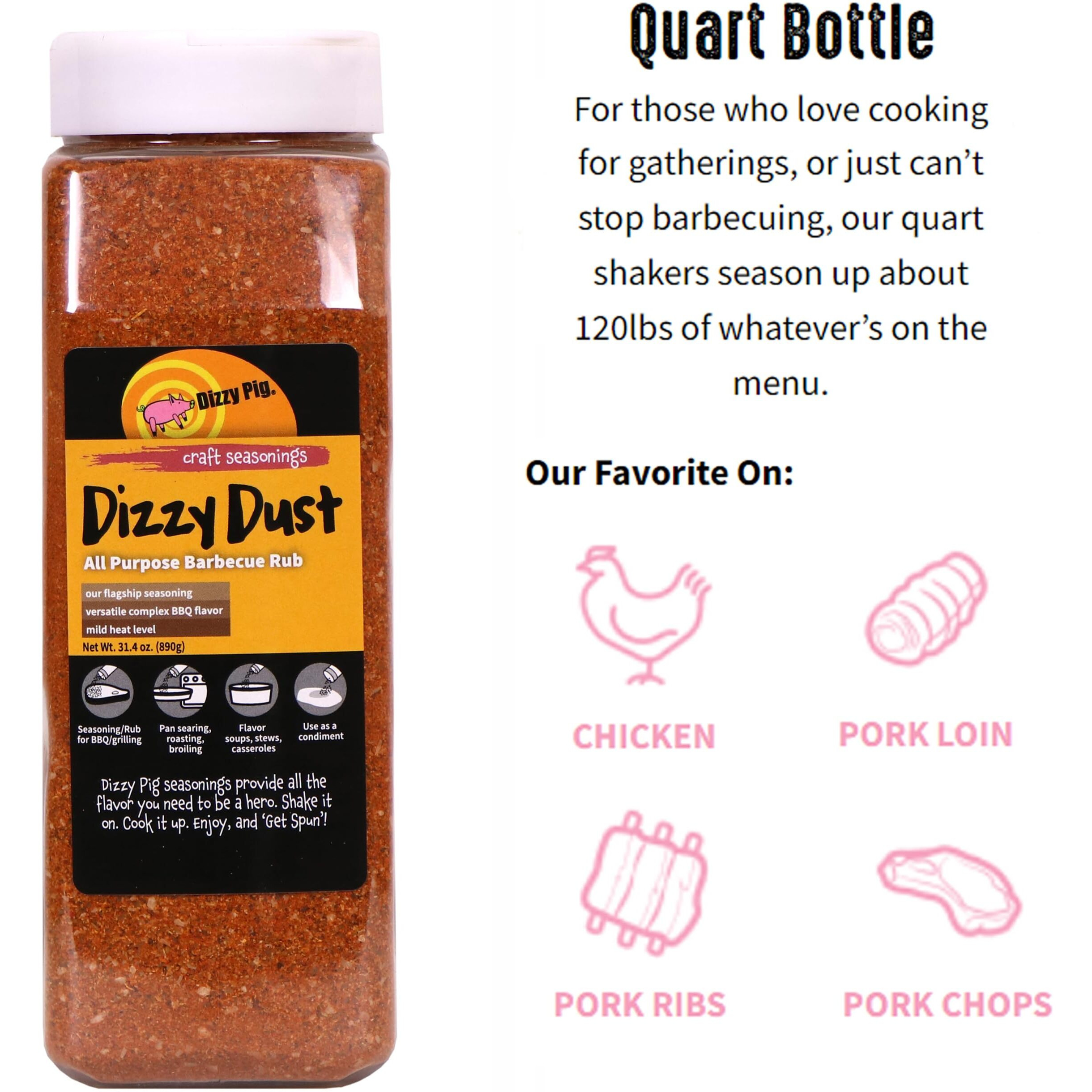 Dizzy Pig Dizzy Dust All-Purpose Barbecue Seasoning Rub (Quart Shaker) - Hand Made In The Usa - Seasons Around 120Lbs Of Food - Msg Free, Gluten Free
