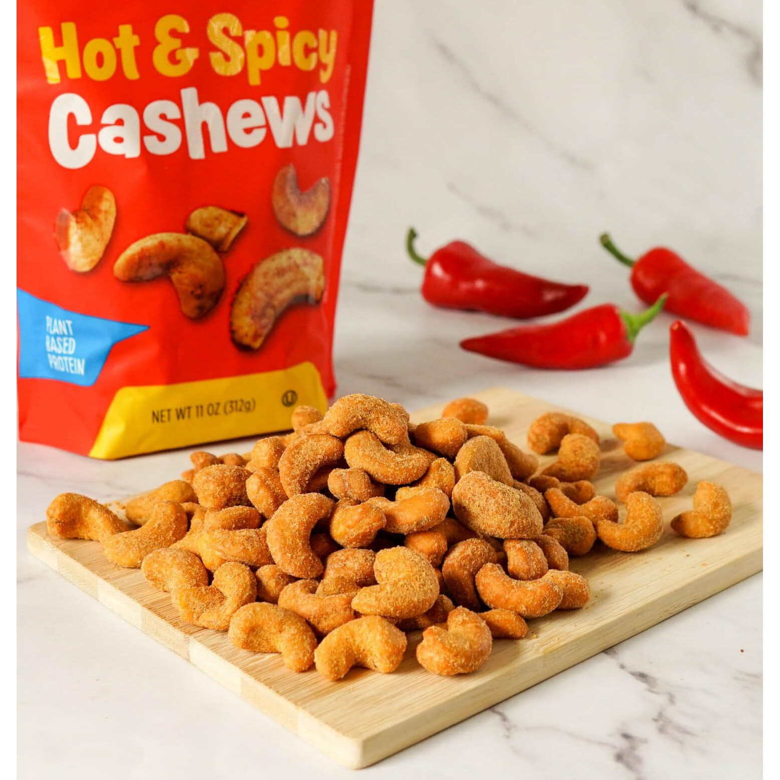 Platinums Hot & Spicy Cashews - Plant Based Protein, Fiber, Healthy Snack - Hot & Spicy Flavor - Nutritional Boost - Can Bring At Home, Work, Office, Gym & School - 11 Oz Individual & Resealable Pouch
