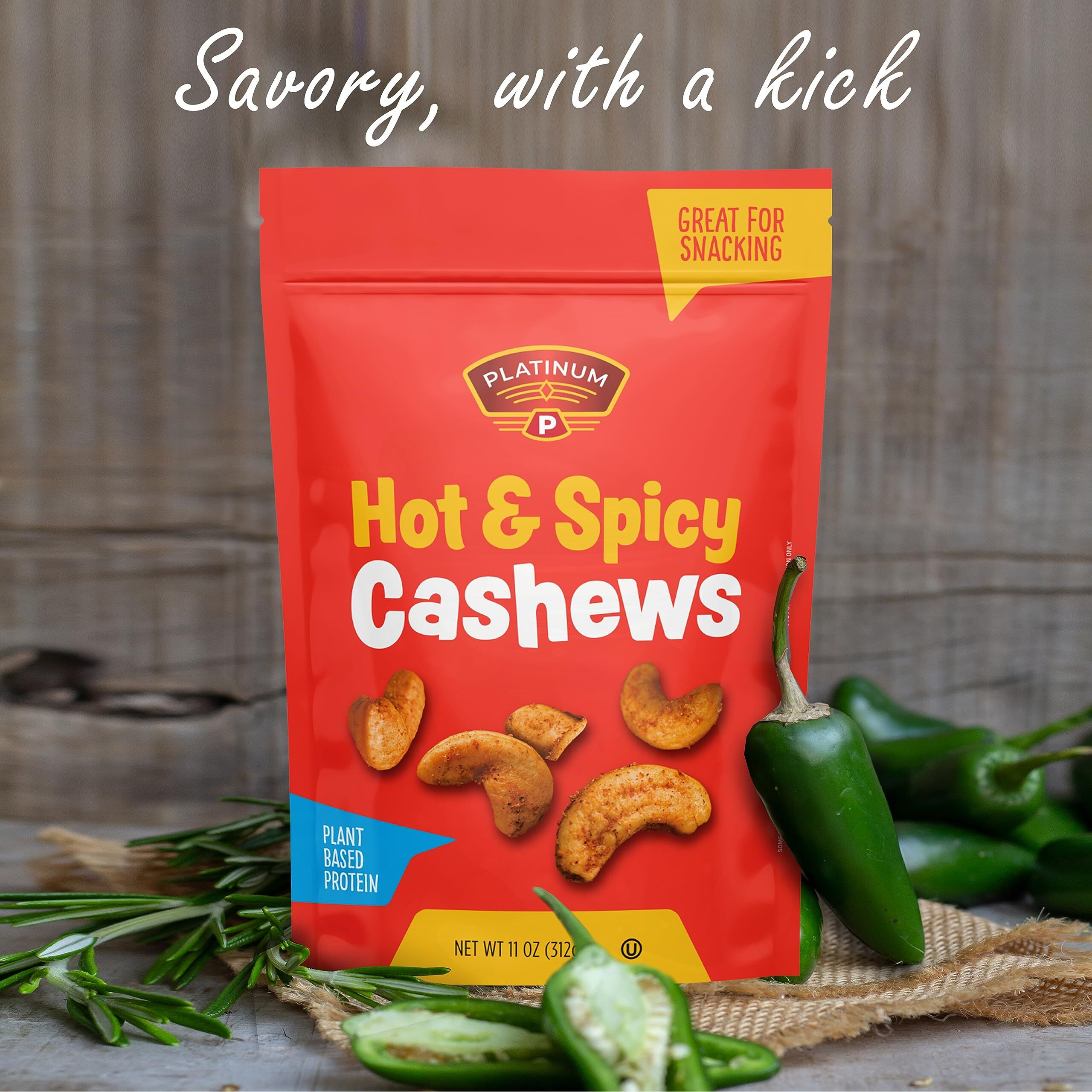 Platinums Hot & Spicy Cashews - Plant Based Protein, Fiber, Healthy Snack - Hot & Spicy Flavor - Nutritional Boost - Can Bring At Home, Work, Office, Gym & School - 11 Oz Individual & Resealable Pouch