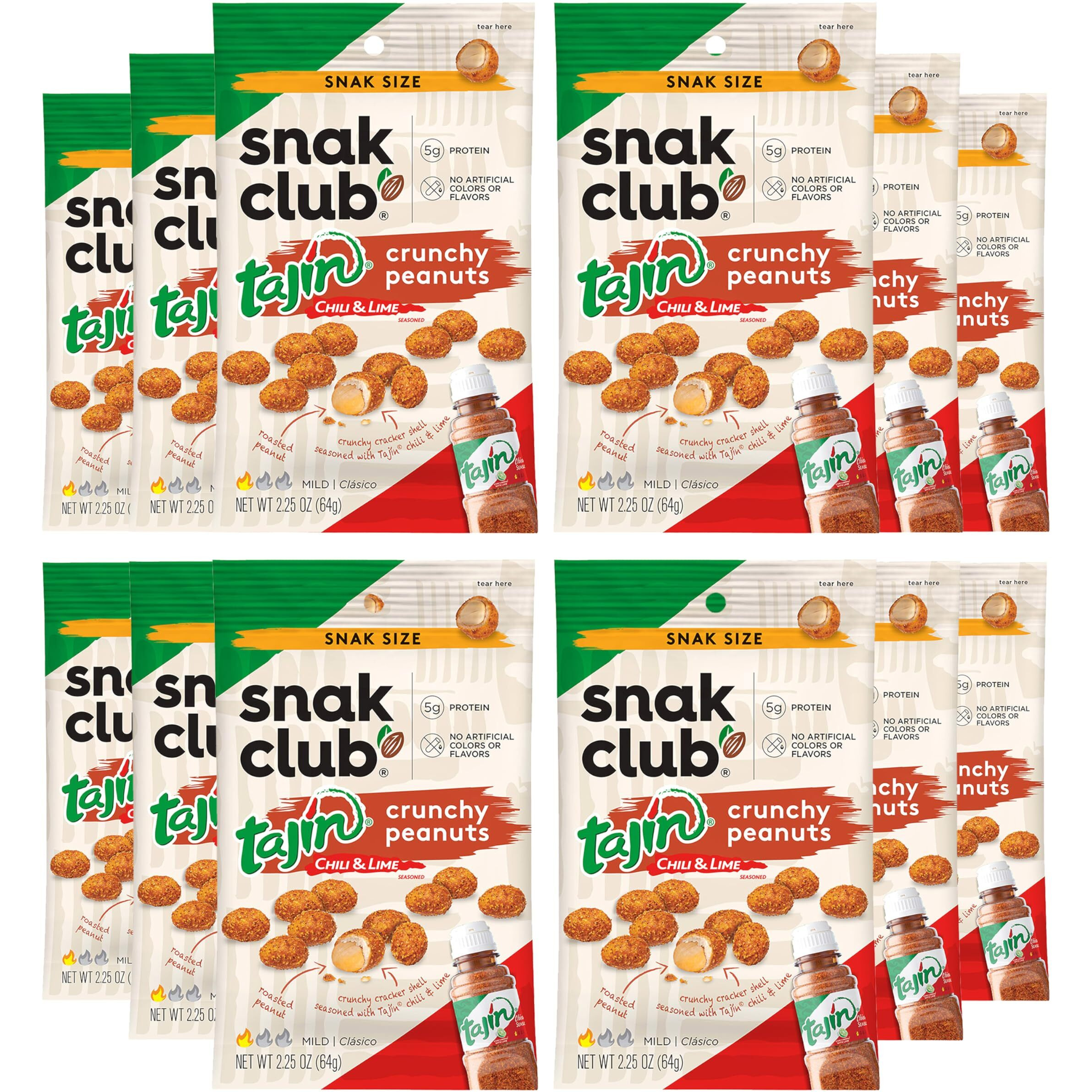 Snak Club Tajin Crunchy Peanuts, Nuts With Chili And Lime Seasoning, Mild, No Artificial Colors Or Flavors, 2.25 Oz Snack Bags, 12 Pack