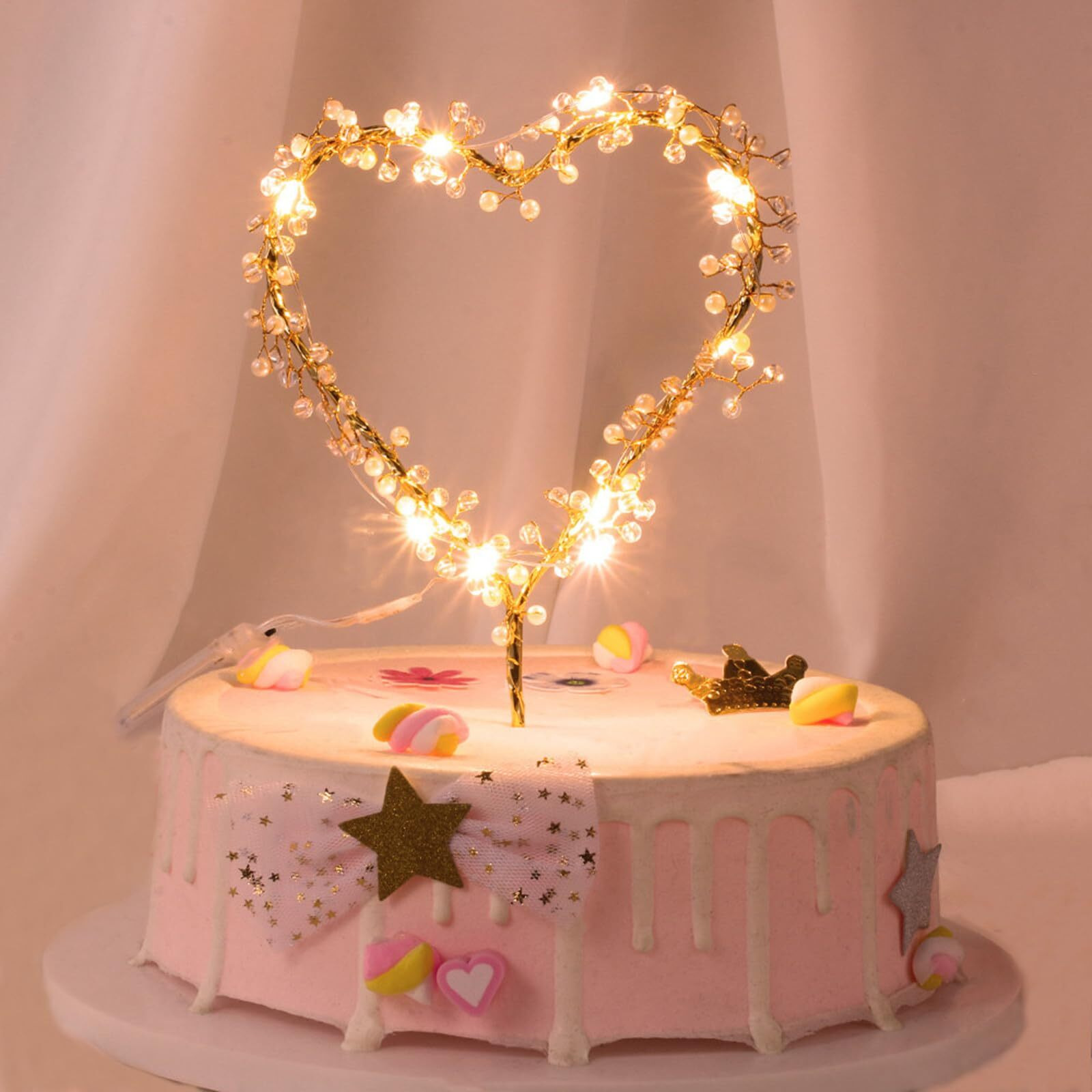 Kipetto Love Heart Pearl Cake Toppers With Led Light For Birthday Wedding Anniversary Party Decor