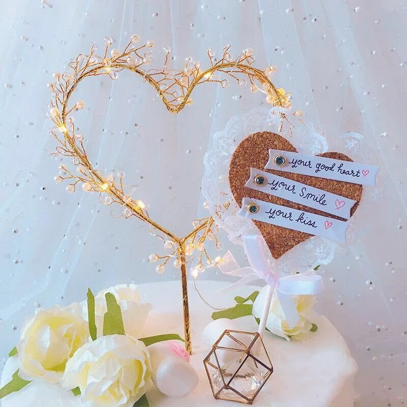 Kipetto Love Heart Pearl Cake Toppers With Led Light For Birthday Wedding Anniversary Party Decor