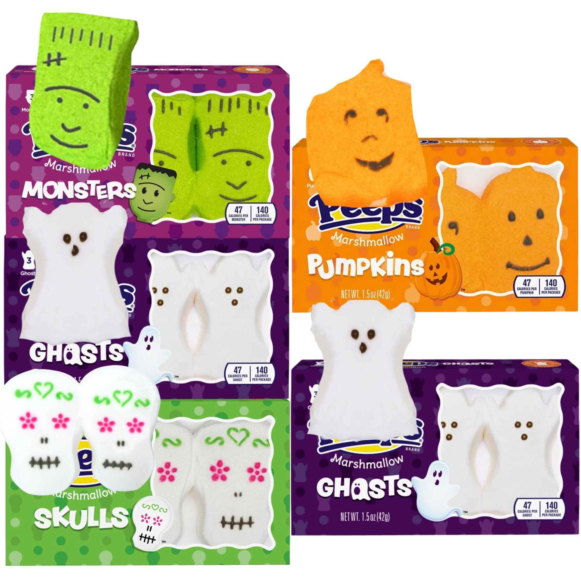 Peeps Halloween Marshmallow Assortment, Packs Of 3 Sugar Skulls, Monsters, Pumpkins, And Ghosts Pack Of 5