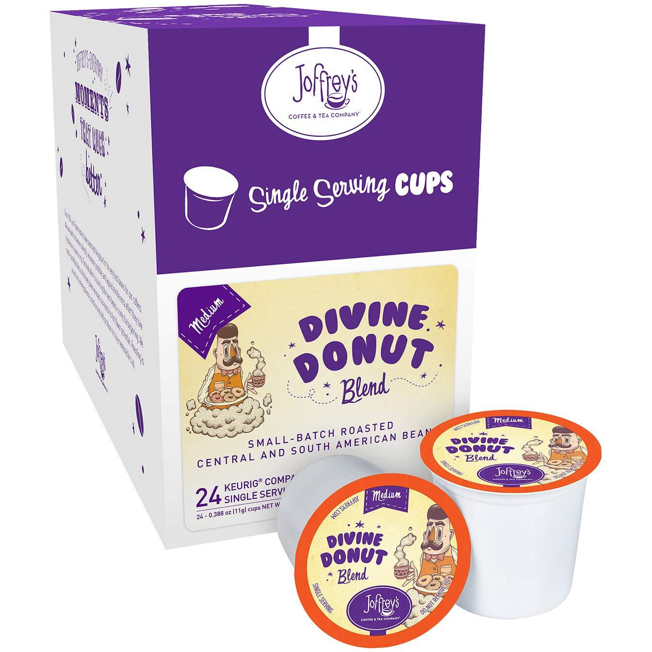 Joffrey's Coffee - Divine Donut Blend, Coffee Blend, Artisan Medium Roast, Arabica Coffee Beans, Well-Balanced Blend, Smooth Flavor & Sweet Finish, Keurig 2.0 Compatible (Single Serve Cup, 24 Count)