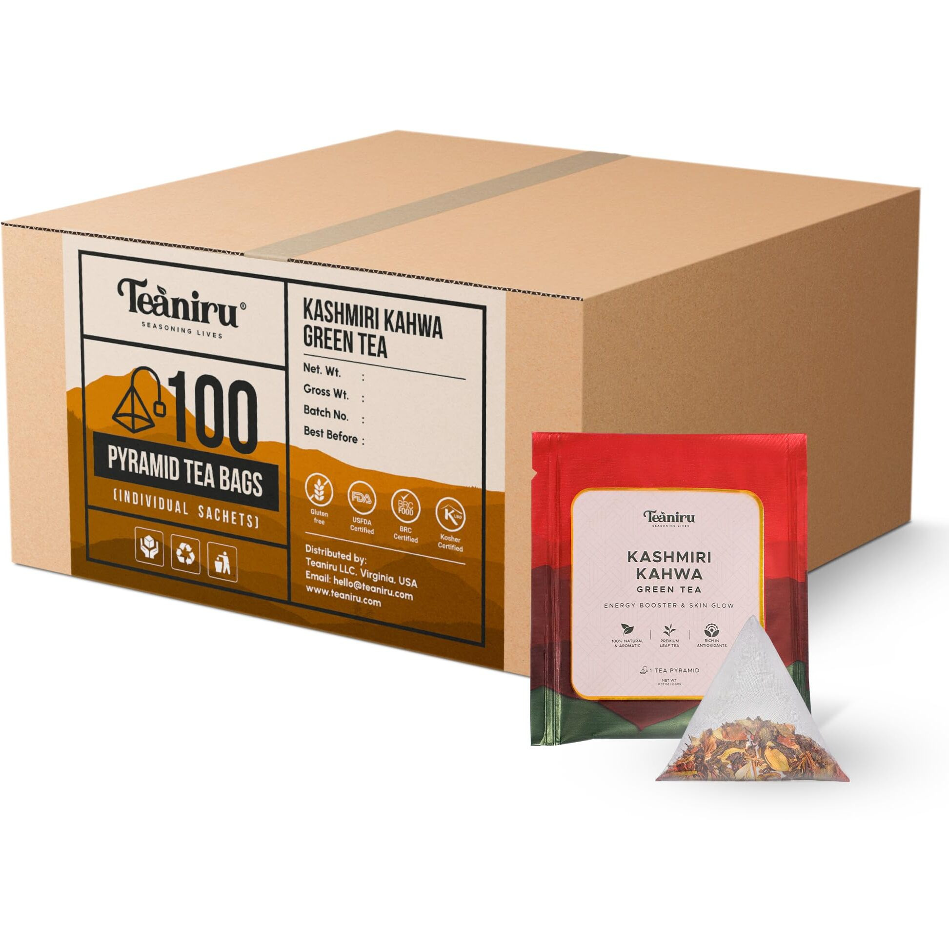 Teaniru, Kashmiri Kahwa Tea - 100 Pyramid Tea Bags, Individual Sachets | Green Tea With 100% Natural Spices - Supports Healthy Digestion | Pure Leaf Tea