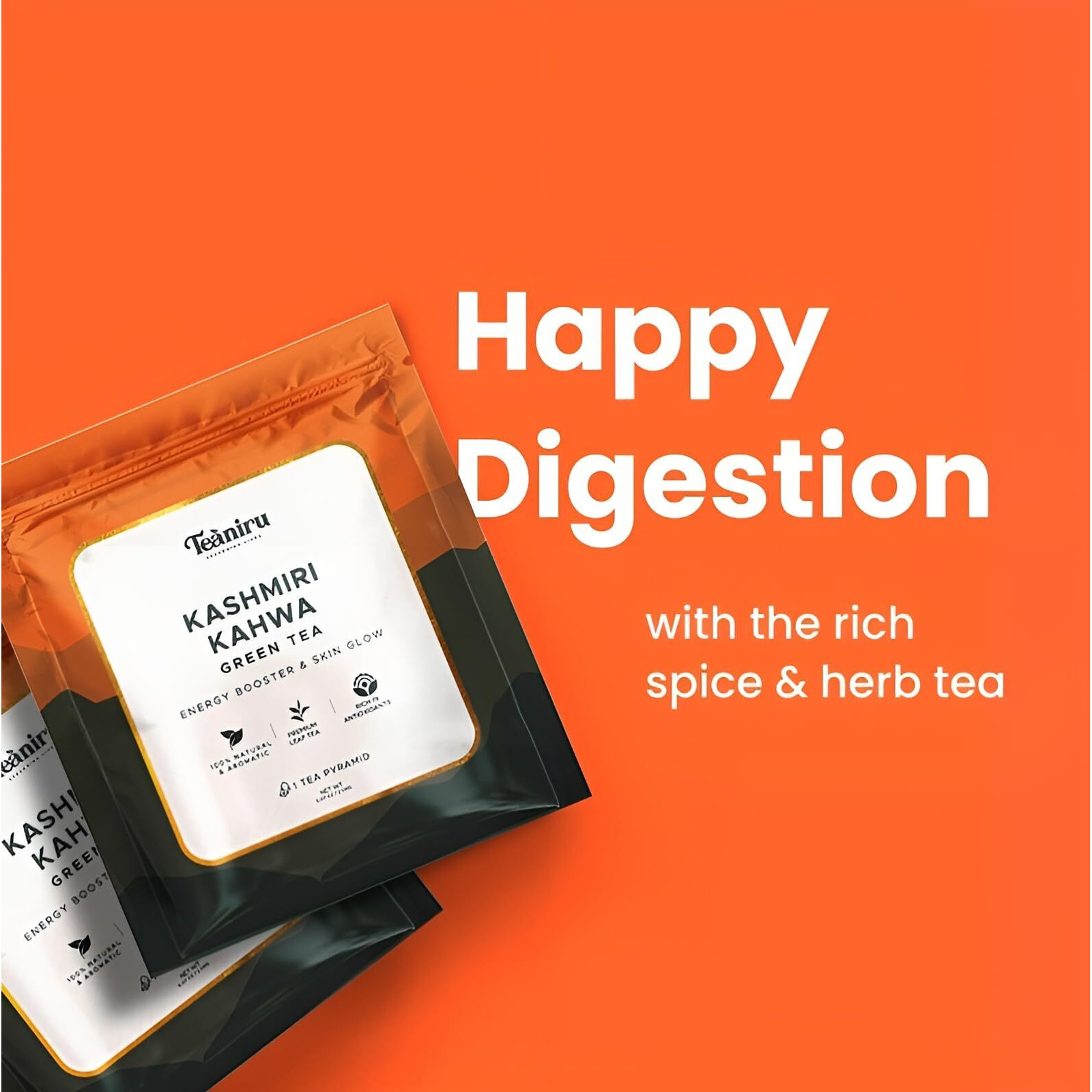 Teaniru, Kashmiri Kahwa Tea - 100 Pyramid Tea Bags, Individual Sachets | Green Tea With 100% Natural Spices - Supports Healthy Digestion | Pure Leaf Tea