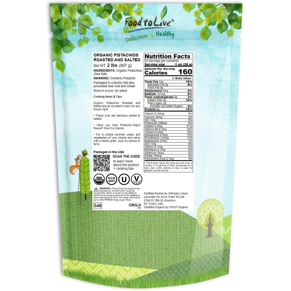 Food To Live Organic Pistachios, 2 Pounds In Shell, Dry Roasted With Sea Salt, Non-Gmo, Kosher, Vegan, Bulk