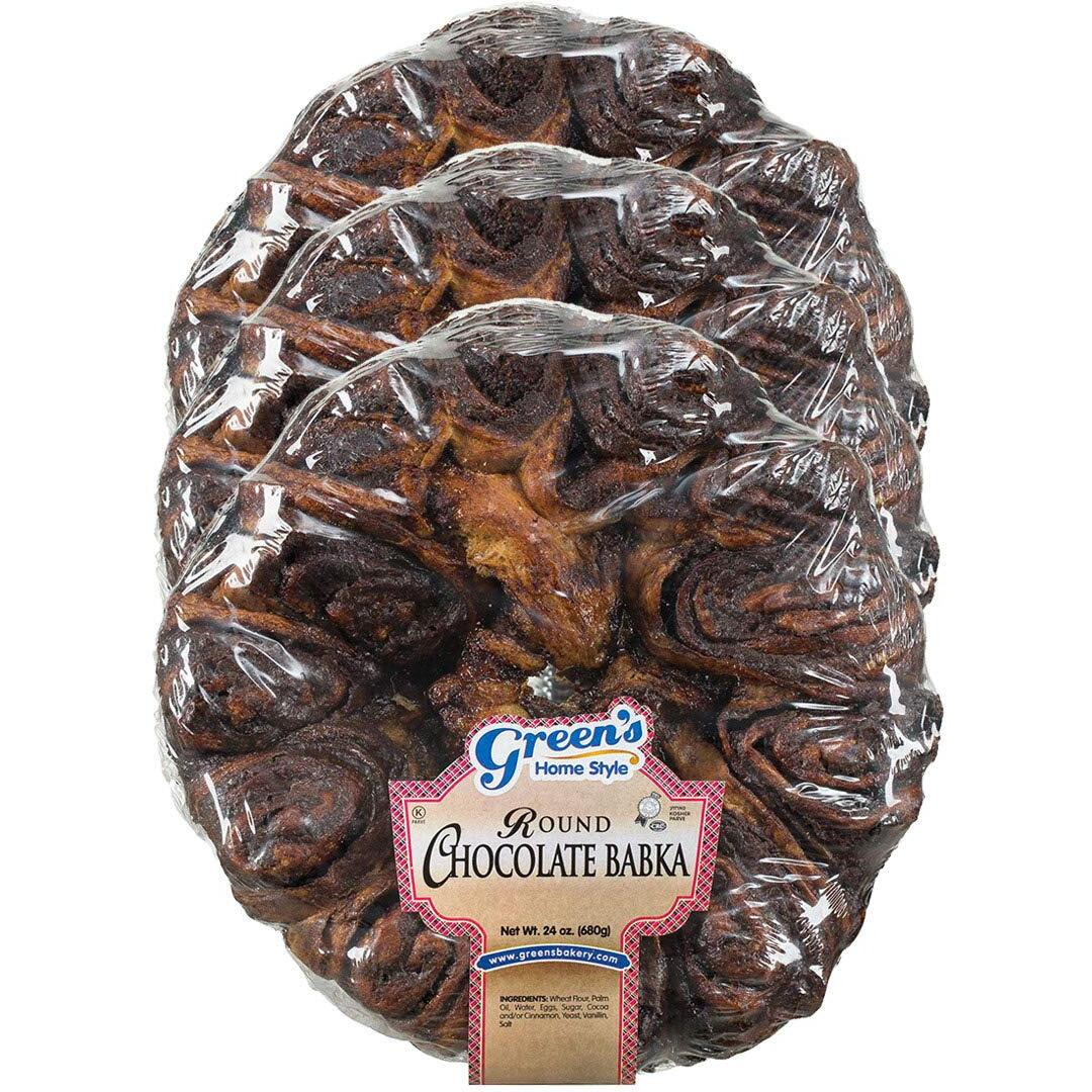 Green's Bakery Round Chocolate Babka Cake, 3 Pack 24 Oz. Fresh And Delicious, Ok Certified Kosher And Pareve Babka Bread, Dairy Free And Nut Free
