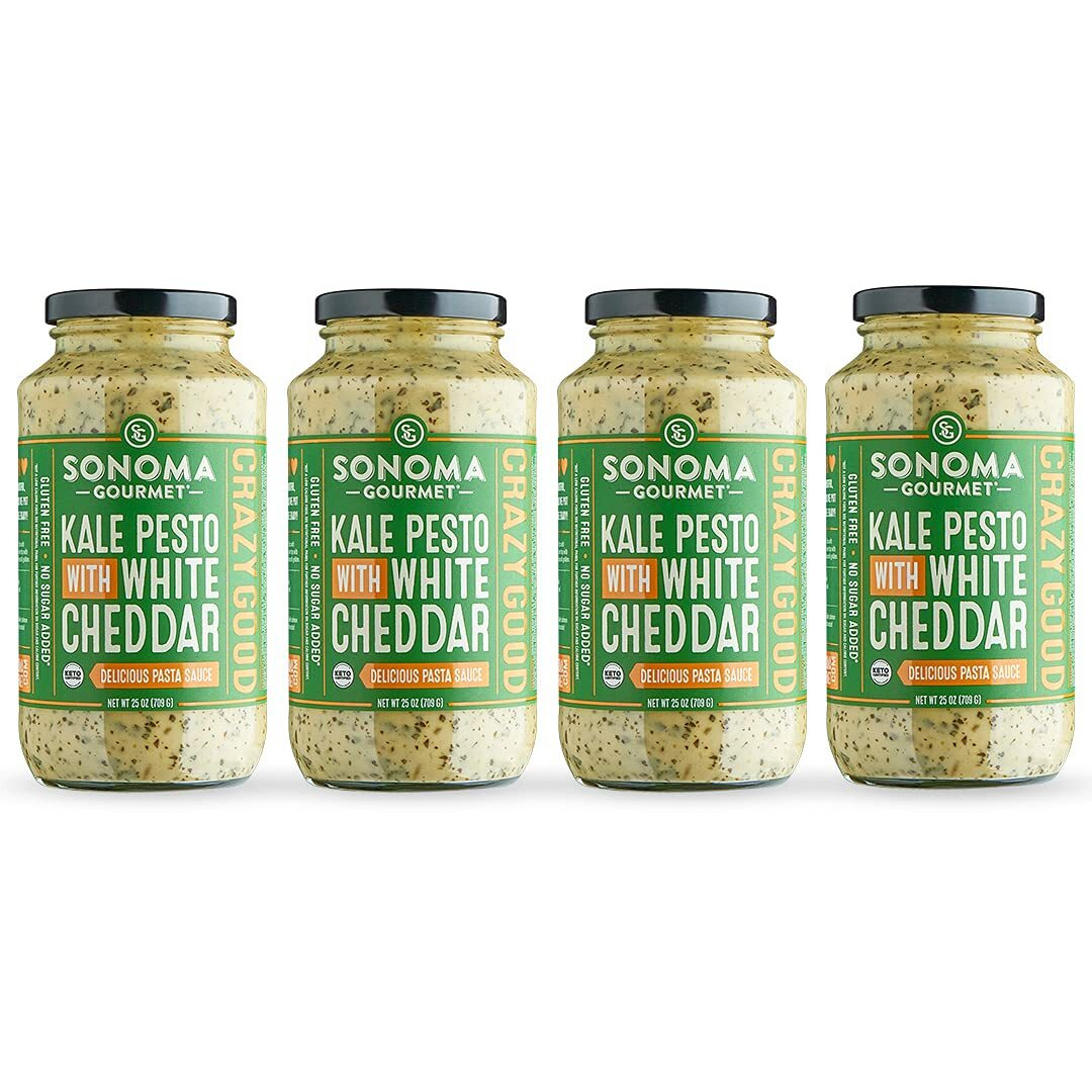 Sonoma Gourmet Rich & Creamy Kale Pesto With White Cheddar Pasta Sauce | Gluten-Free | Made With Garden Fresh Kale & Sharp White Cheddar - 25 Ounce Jars (Pack Of 4)