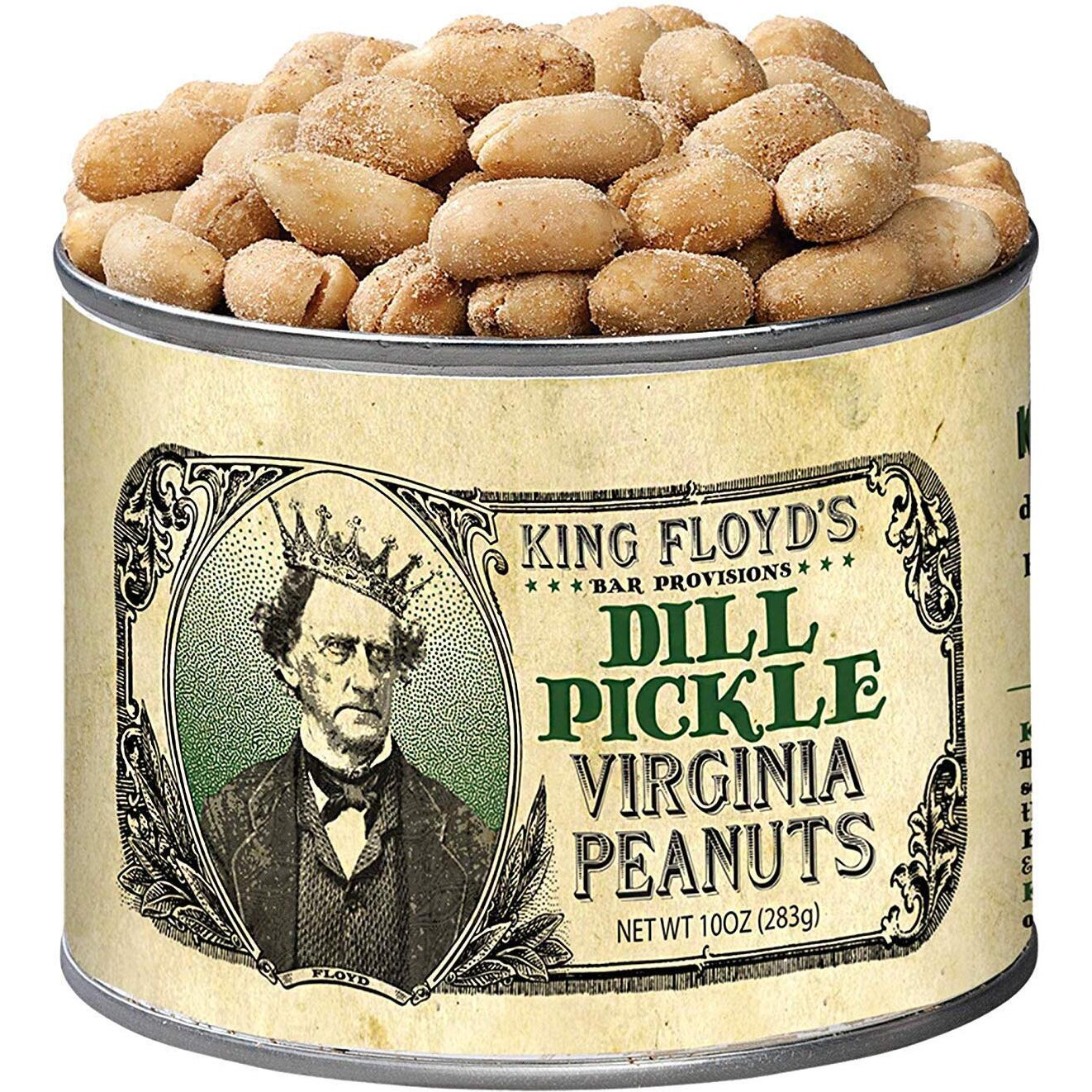 King Floyd's Dill Pickle Virginia Peanuts 10 Oz, Salted Dill Flavored Peanuts, 1 Seller, Resealable Lid, Snack At Your Own Risk, Once You Start Its Difficult Not To Finish The Whole Tin.