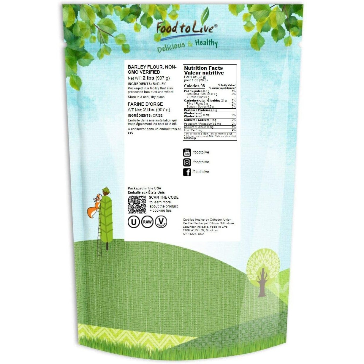 Food To Live Barley Flour, 2 Pounds - Fine Powder, Kosher, Vegan, Bulk. Rich In Fiber. Wheat Flour Alternative. Great For Baking. Product Of The Usa.