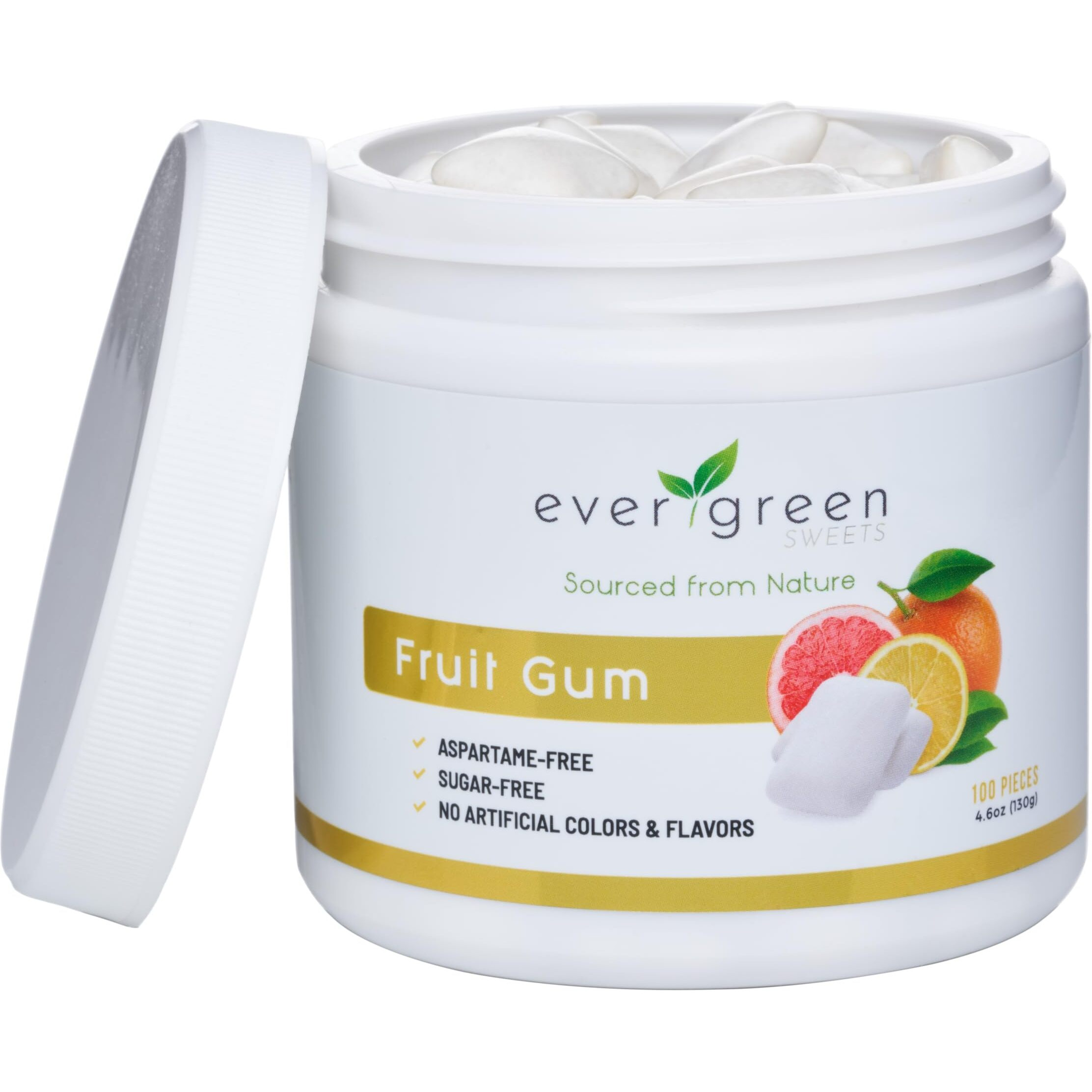 Evergreen Sweets Chewing Gum -100 Pieces Jar - Natural Tropical Fruit Gum Made With Xylitol And Stevia - Sugar-Free, Aspartame Free And Vegan