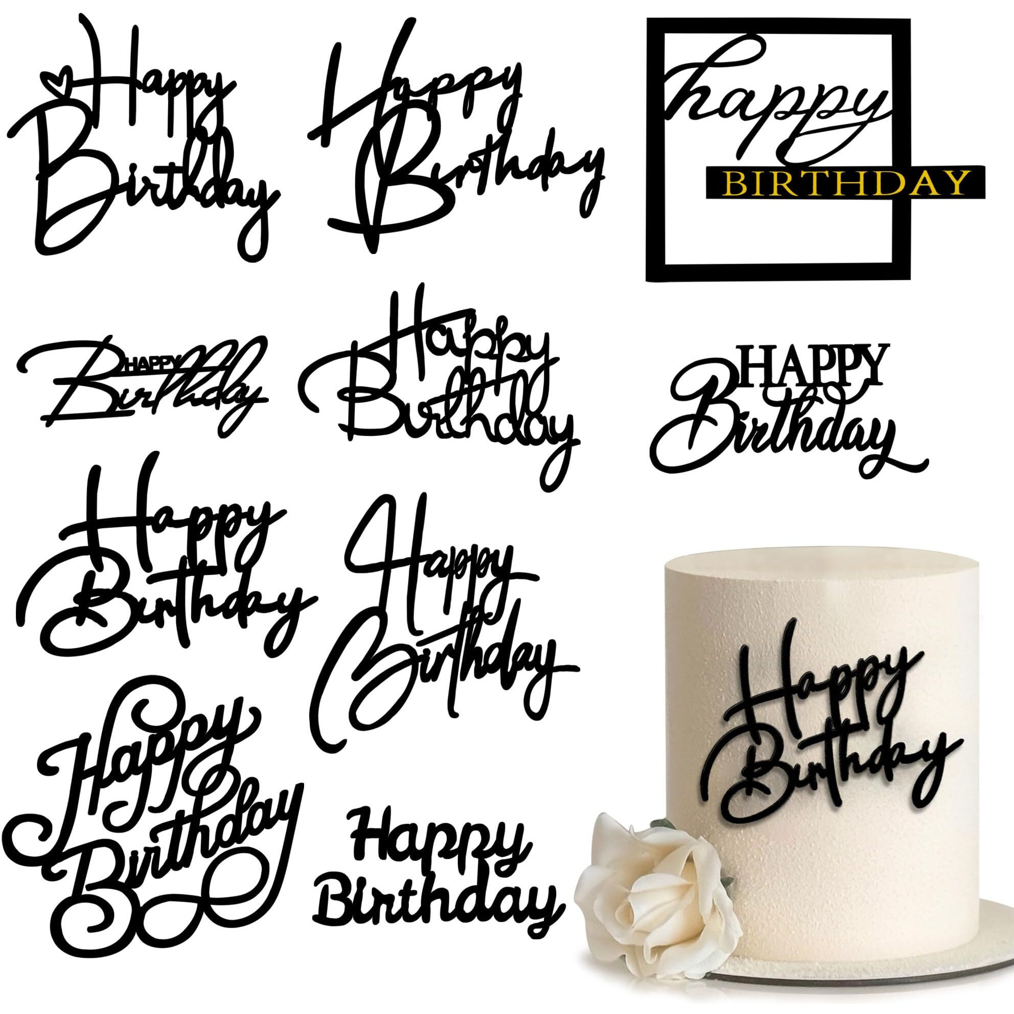 10 Pcs Black Happy Birthday Cake Toppers Mirror Acrylic Cake Topper Side Cake Decorations Cake Inserts Cake Decorating Supplies Cupcake Toppers For Birthday Party Cake Desserts Pastries 10 Styles