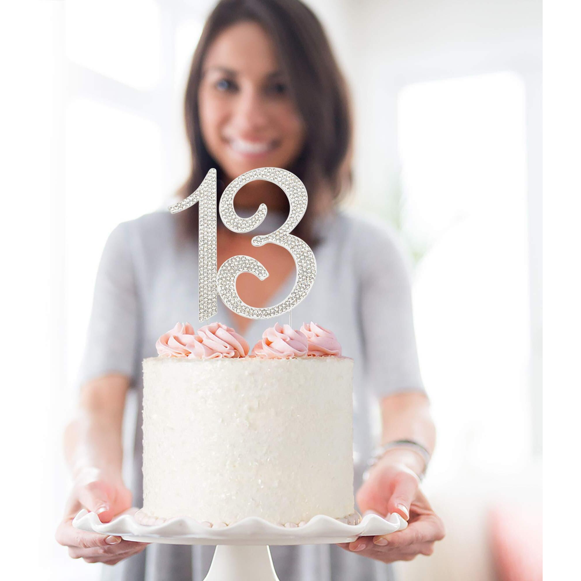 13 Cake Topper - Premium Silver Metal - 13Th Birthday Party Sparkly Rhinestone Decoration Makes A Great Centerpiece - Now Protected In A Box