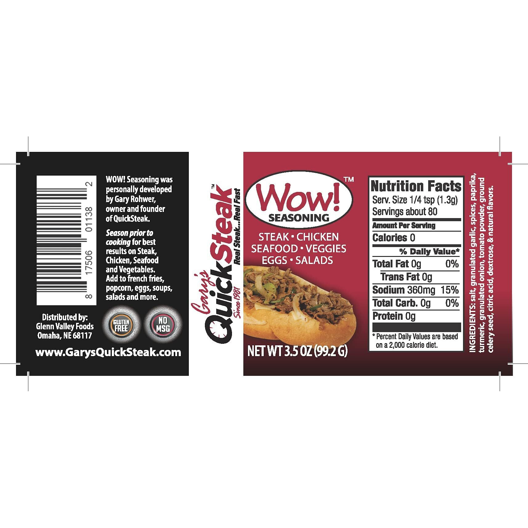Gary's Quicksteak Wow Seasoning | No Msg | Adds Flavor To Beef, Poultry, Soup, Sandwiches, French Fries, Popcorn And More | Made In Nebraska | 3.5 Oz Bottle (Pack Of 1)