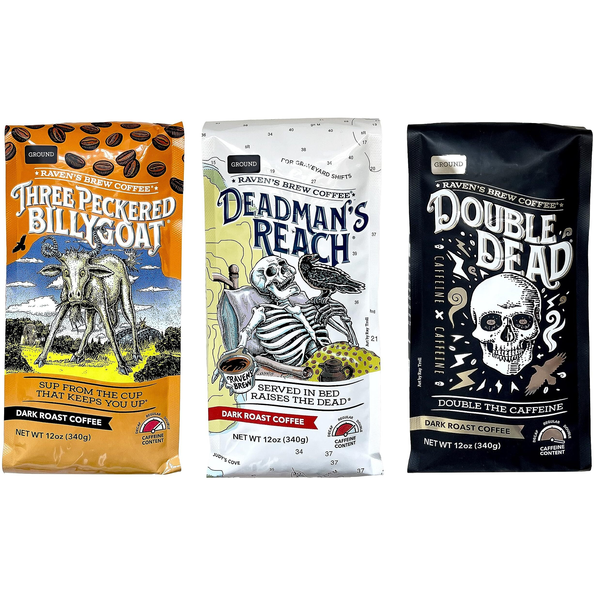 Raven's Brew Ground Coffee Variety Pack - 3 Delicious Flavors - Three Peckered Billy Goat, Deadman's Reach And Double Dead - 12Oz Each