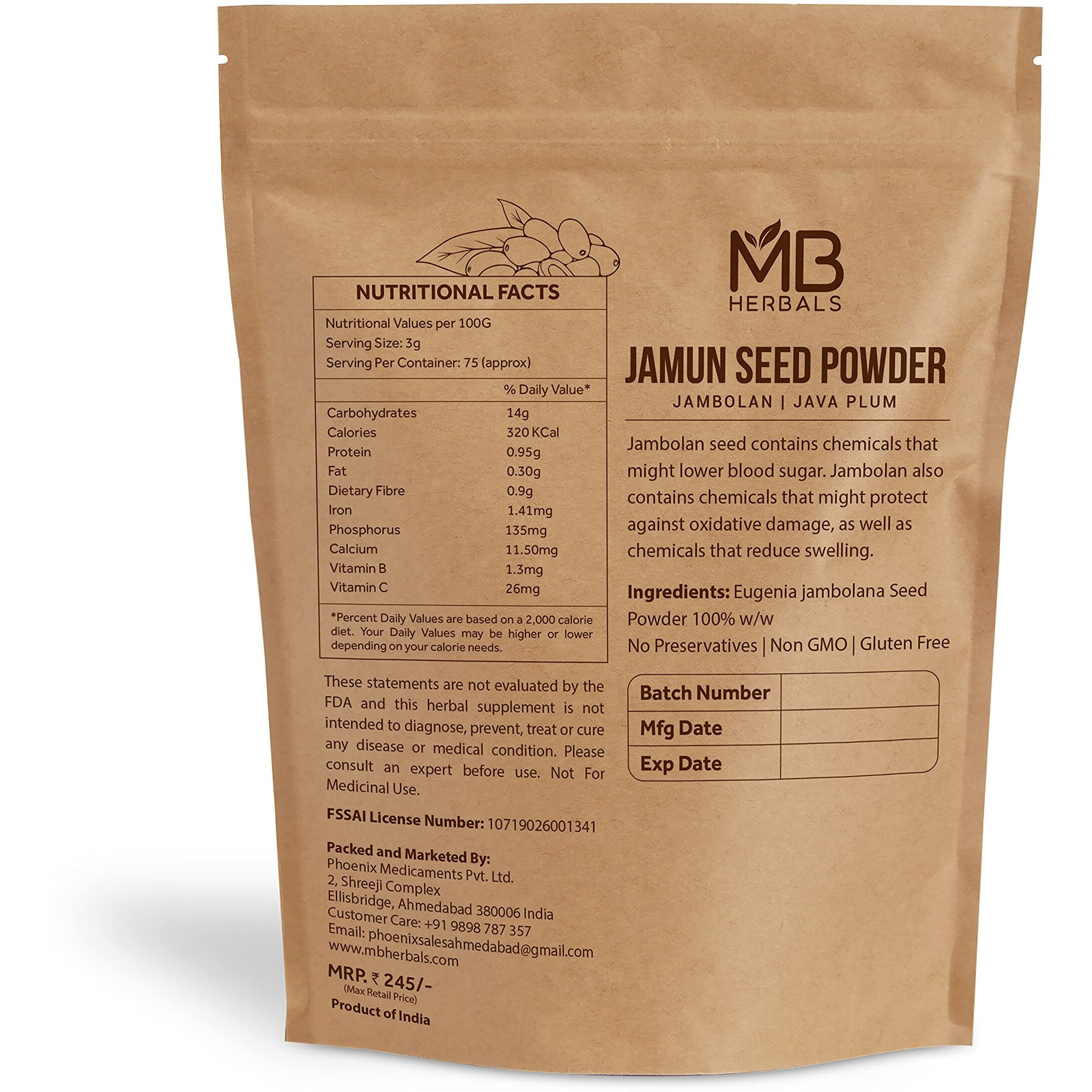 Mb Herbals Jamun Seed Powder 227G (8 Oz) | Eugenia Jambolana | Java Plum Sd. | 75 Days Supply