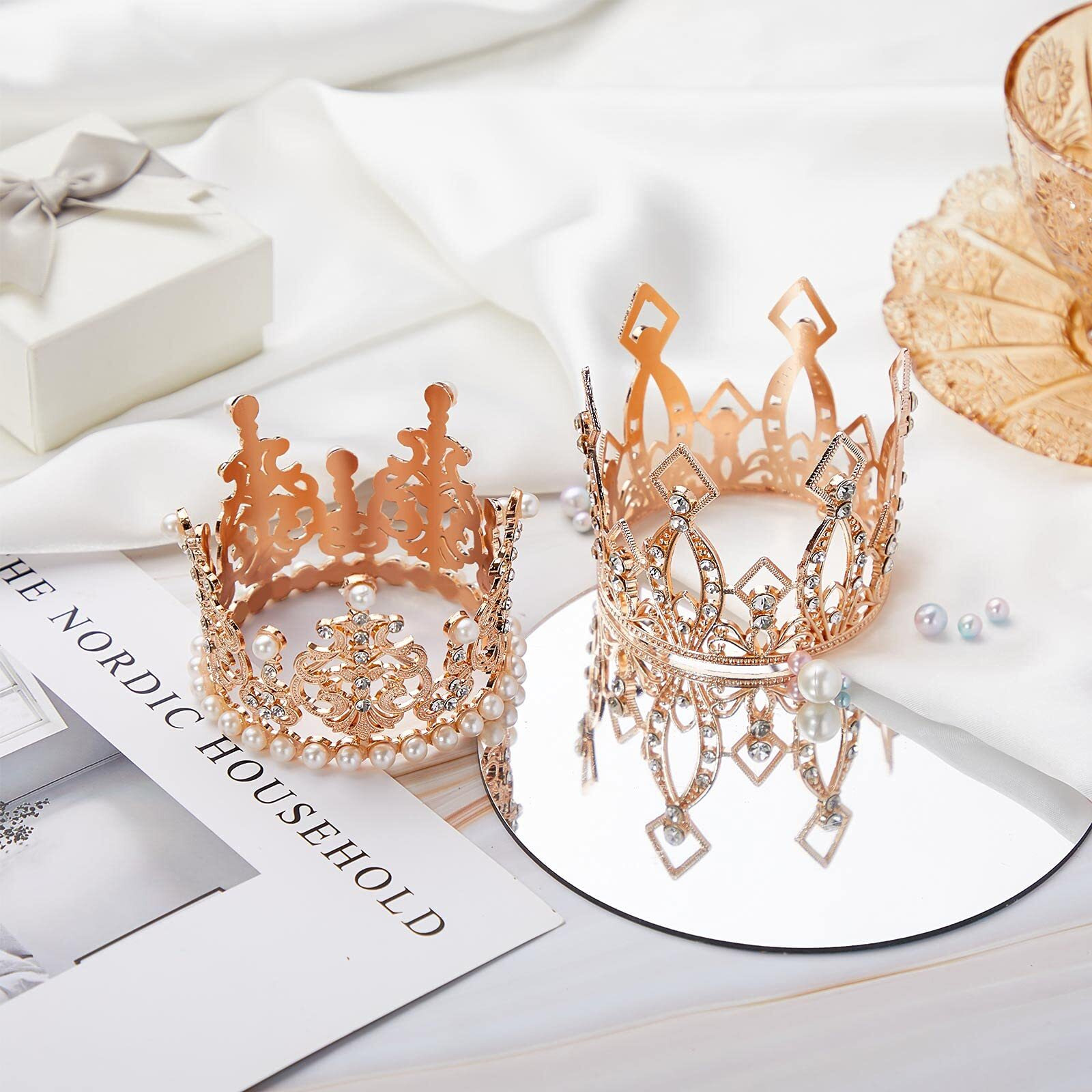 Hotop 4 Pcs Rose Gold Crown Cake Toppers Birthday Mini Flower Bouquet Crown Cupcake Toppers Vintage Rhinestone Pearl Crown Cake Topper Mini Tiara Cupcake Toppers For Baby Shower Birthday Wedding